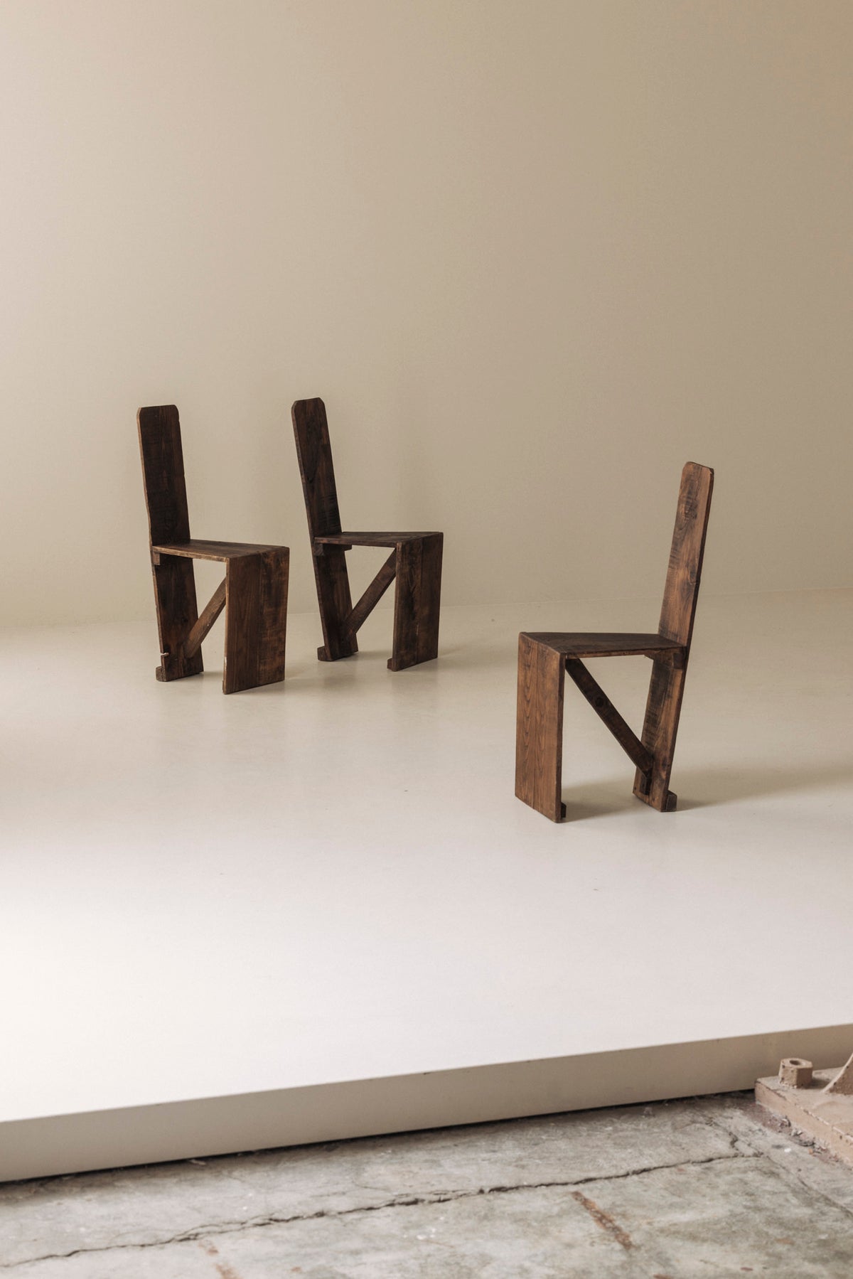 Set of 3 Primitive French Wooden Chairs, 1940s–1950s — view 9