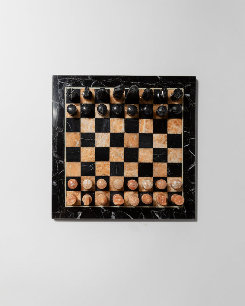Vintage Italian marble chess set with black and orange squares 1960s