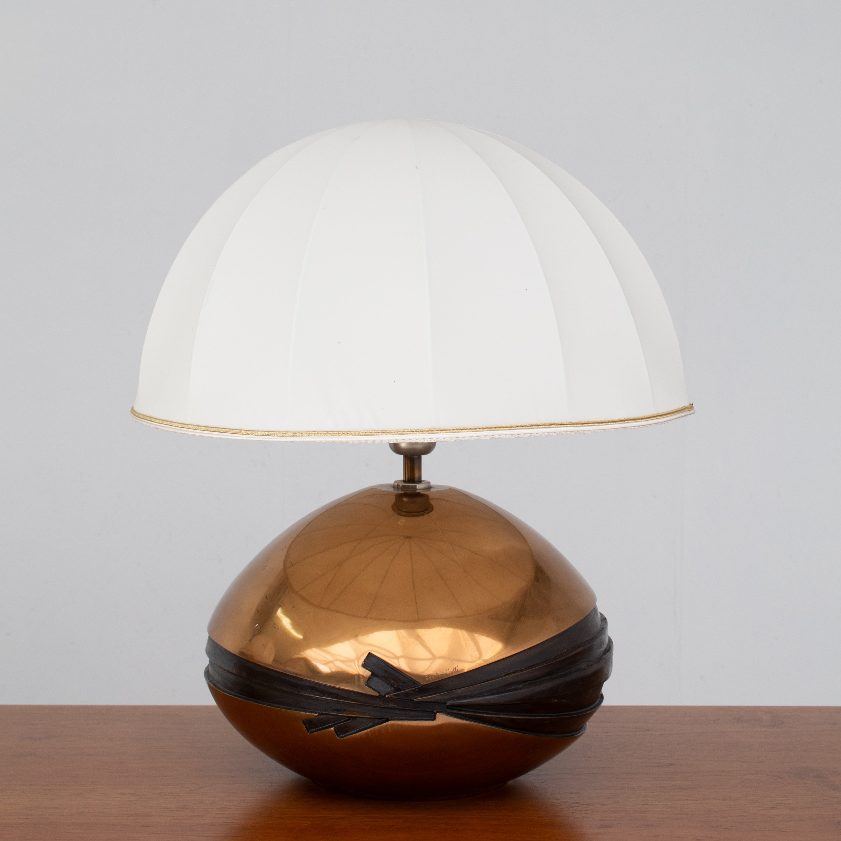 Brass Table Lamps in Fabric and Textile by Esa Fedrigolli for Esart — side angle showing rounded brass base and white shade