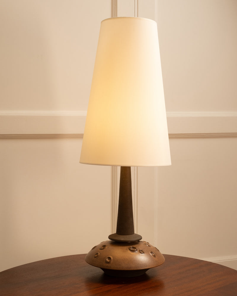 Danish teak table lamp with ceramic base and cone shade, 1970s
