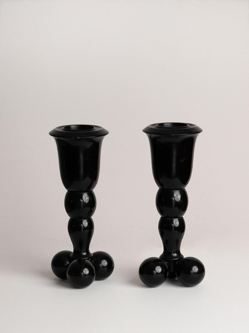 Art Deco Black Bobble Stem Vases Pair, 1930s-50s — side angle