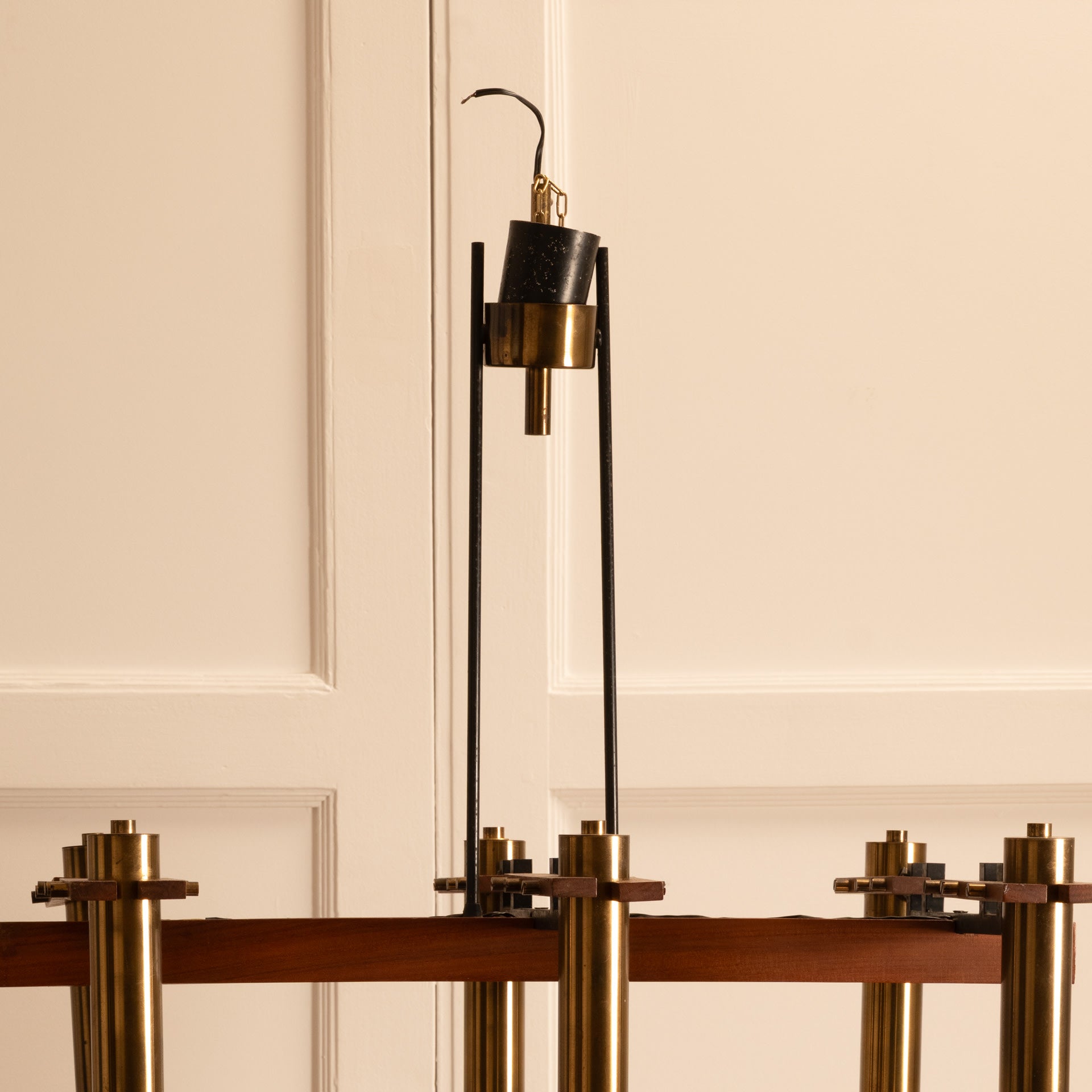 Six-light pendant lamp — side angle showing brass and wood details