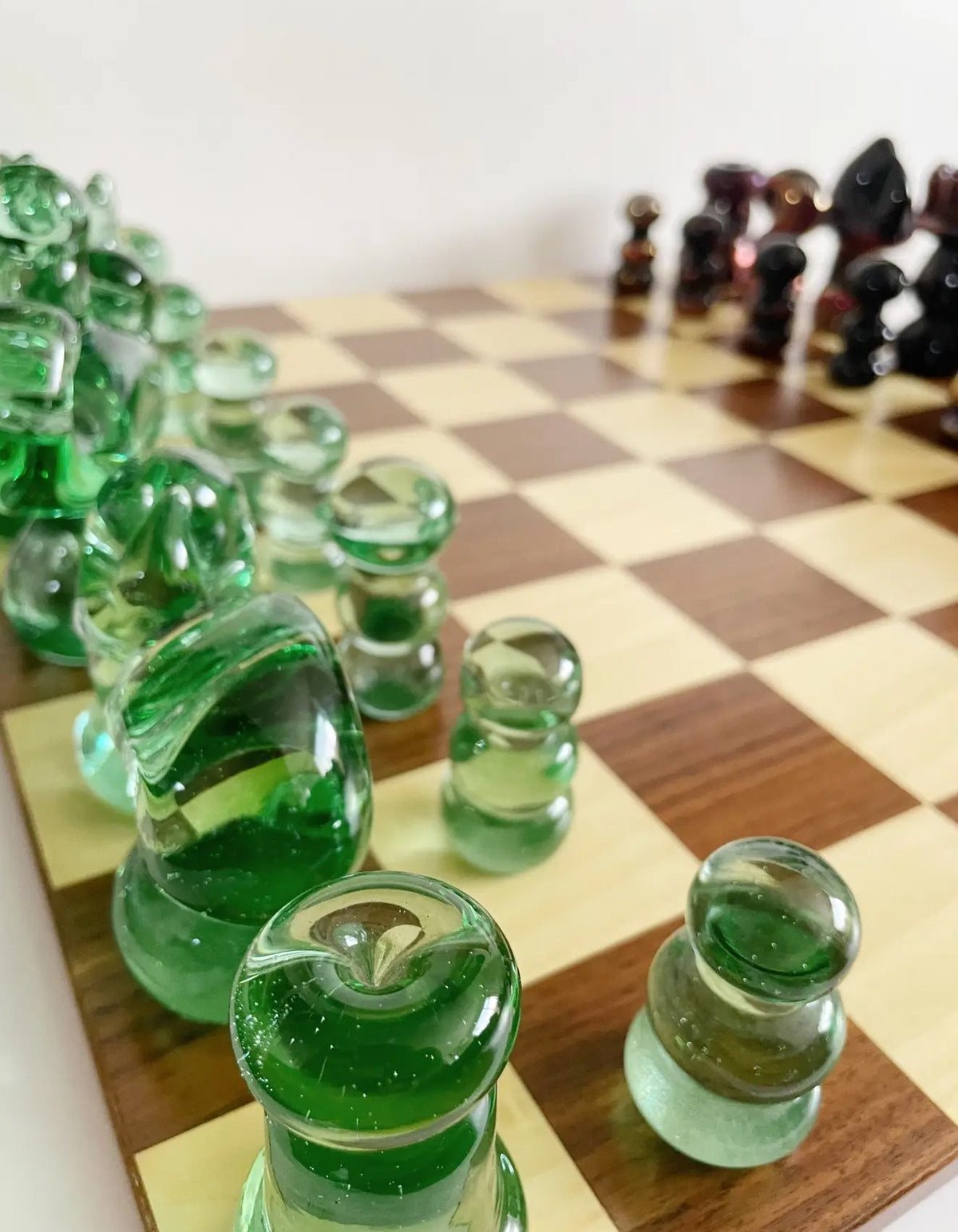 Late 20th Century Art Glass Murano Chess Set with Wood Board — lifestyle setting