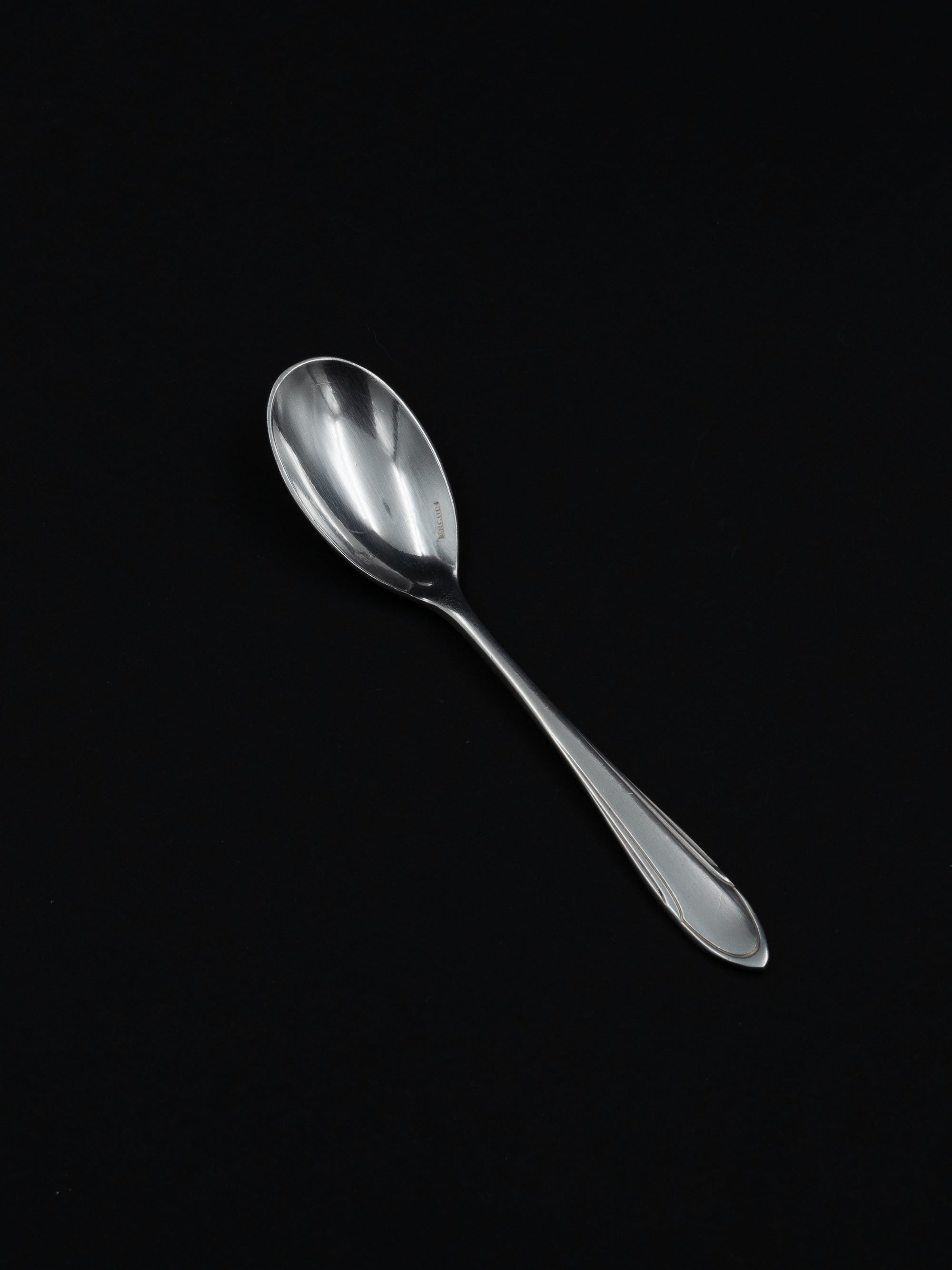 Art Deco Egg Cup & Spoon by Ercuis, France, c. 1930s — top view of polished silver spoon