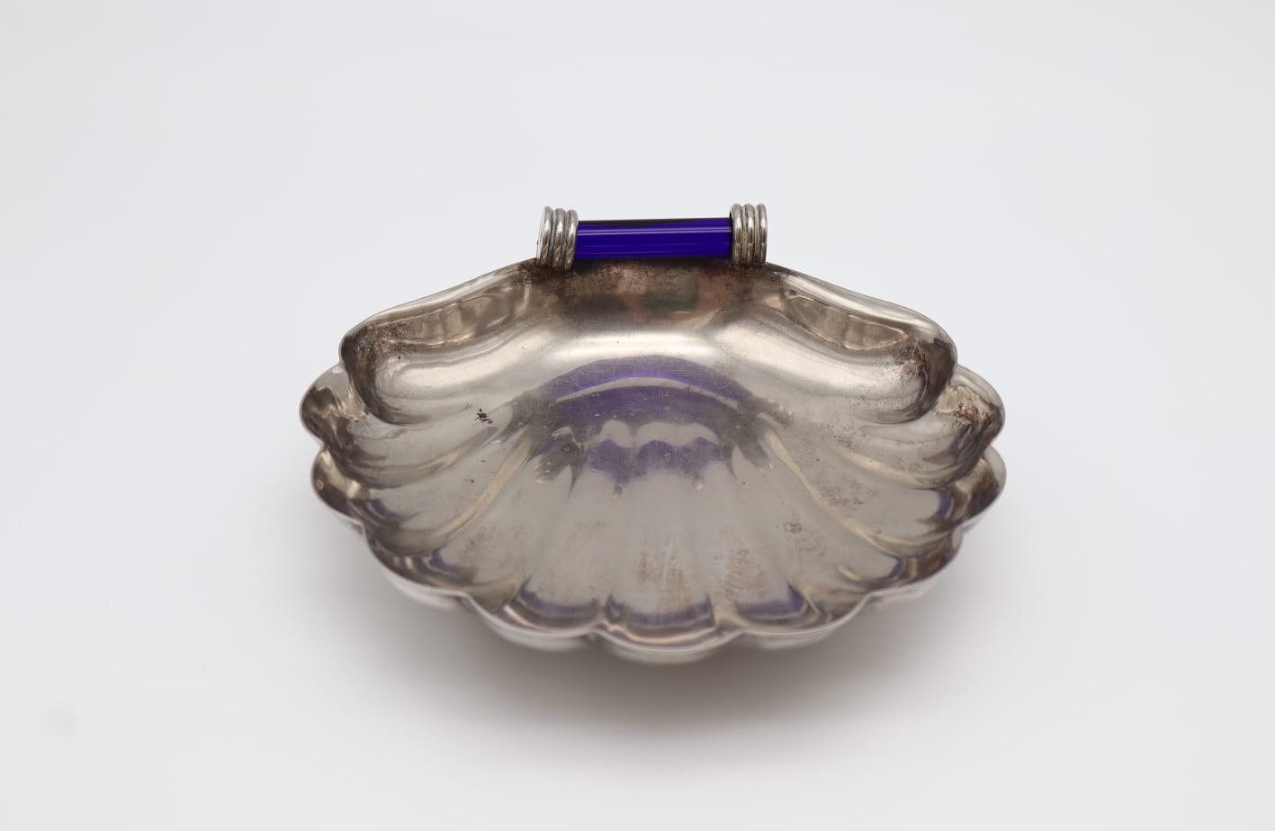 Vintage Silver-Plated Shell Valet Tray – Cobalt Glass Accent — side angle