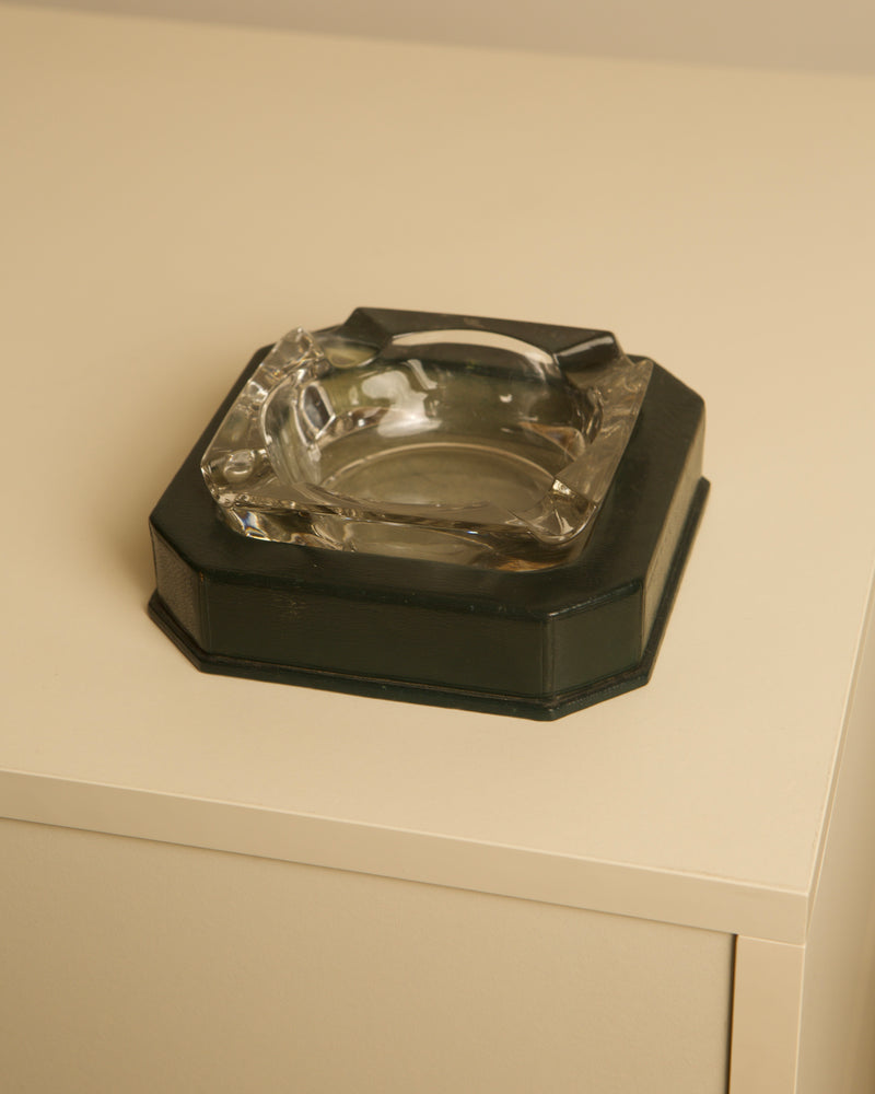 Italian crystal ashtray with forest green leather base from 1960s