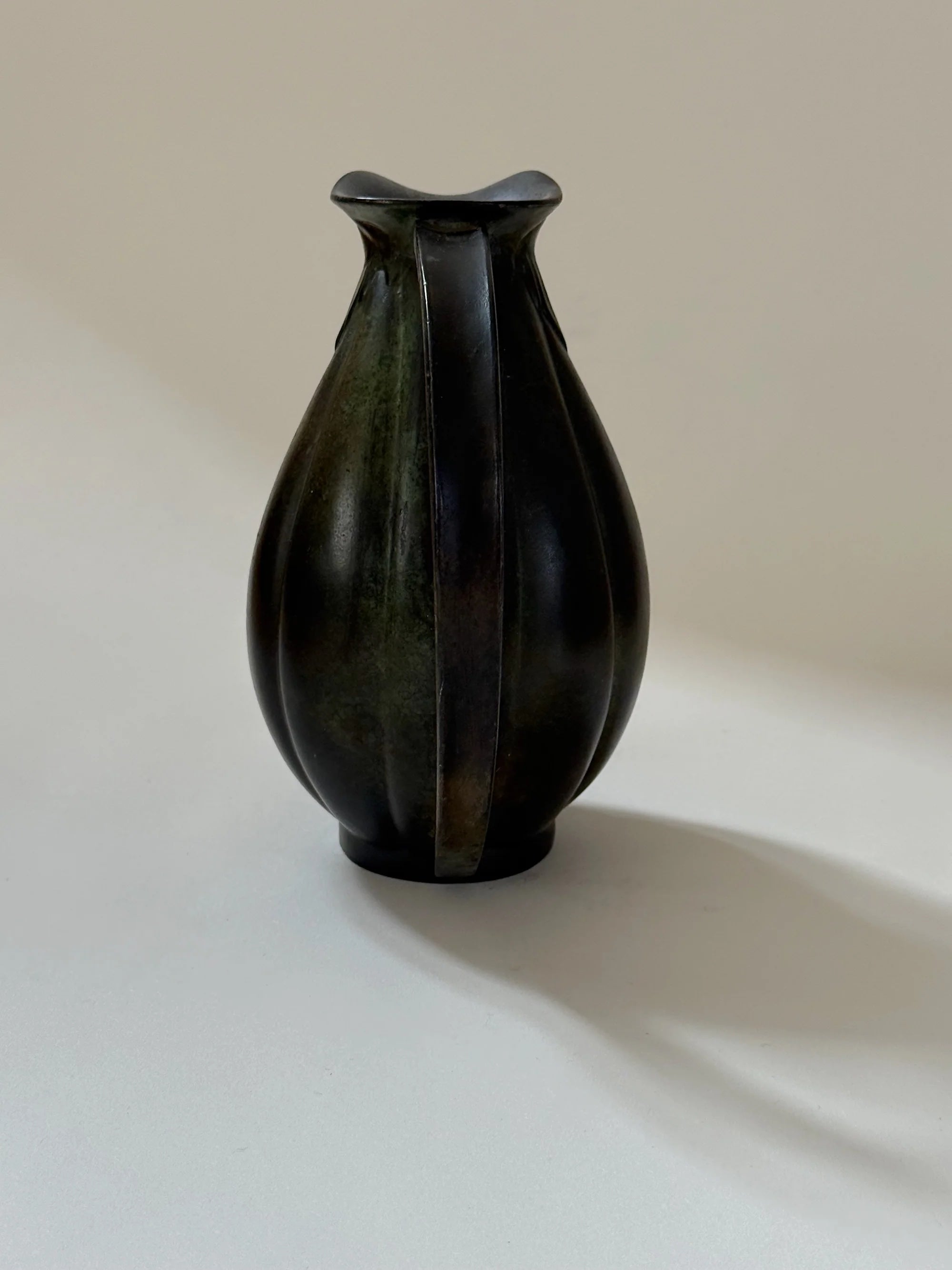 Danish Bronze Vase with Ribbed Form, 1910s — angled view highlighting ribbed texture