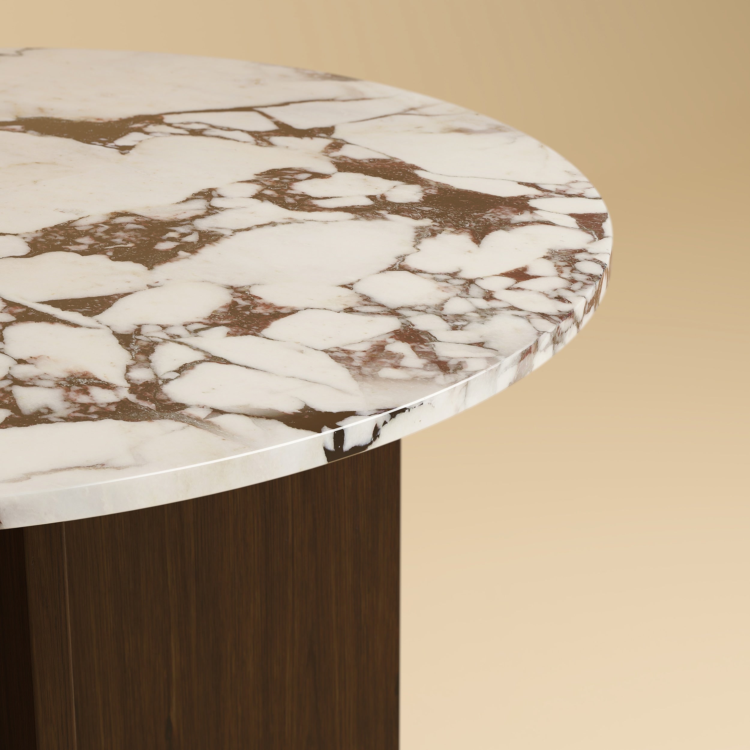 Round Dining Table - DALMA Series in Calacatta Viola Marble and Oak — side angle