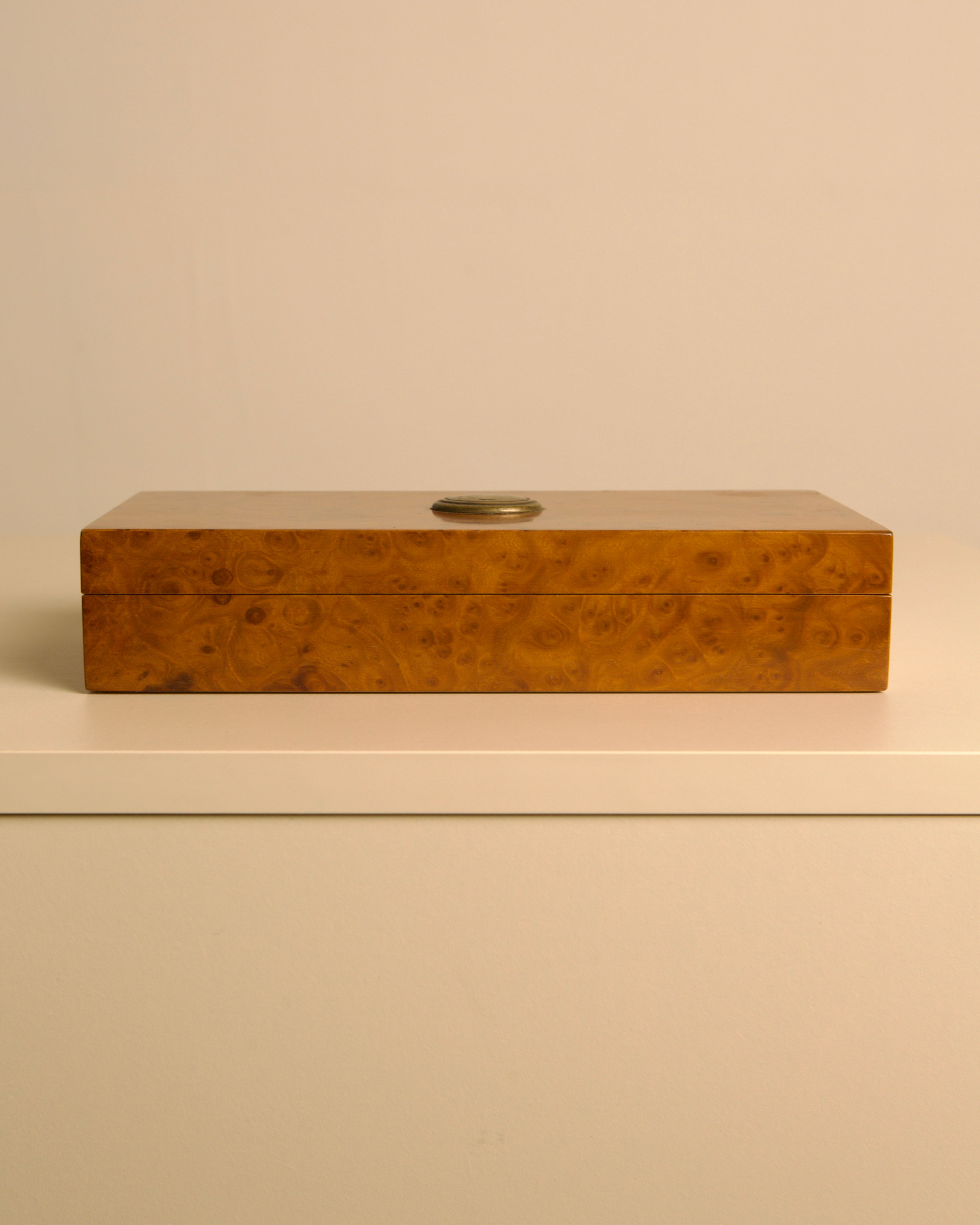 Italian Rectangular Burr Elm and Silver Box, 60s — side angle showing wood grain detail