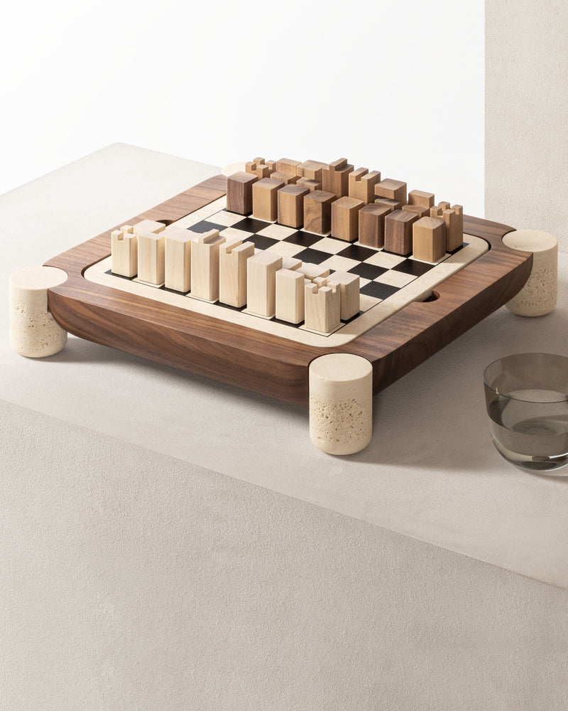 Mocambo luxury wooden chess set with geometric pieces on walnut board
