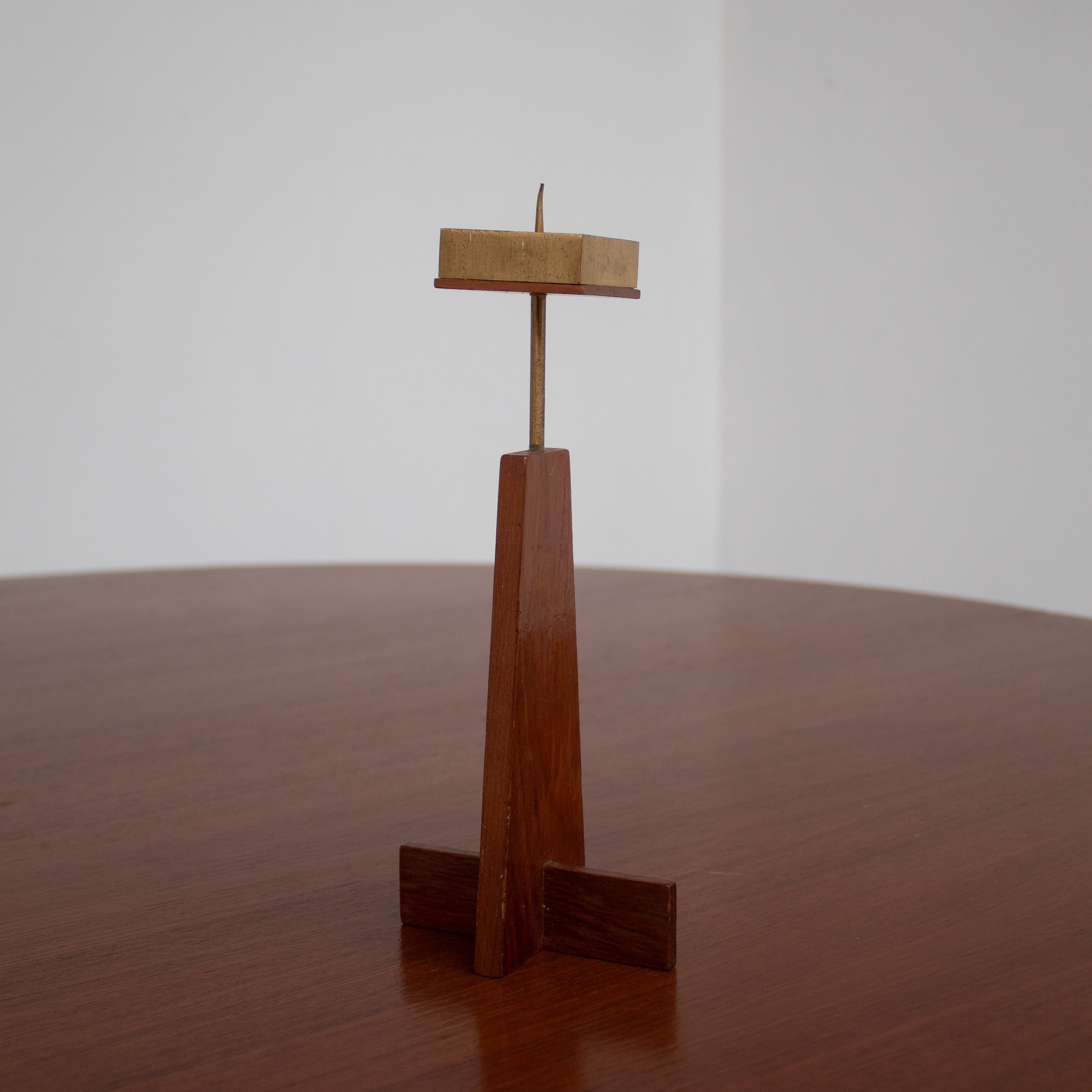 Vintage Candle Holders in Wood / Teak — back view on wooden table