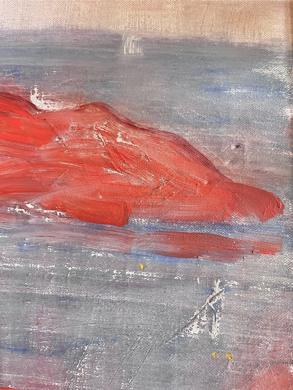 Midcentury Seascape in Red and Blue — side angle showing textured canvas surface