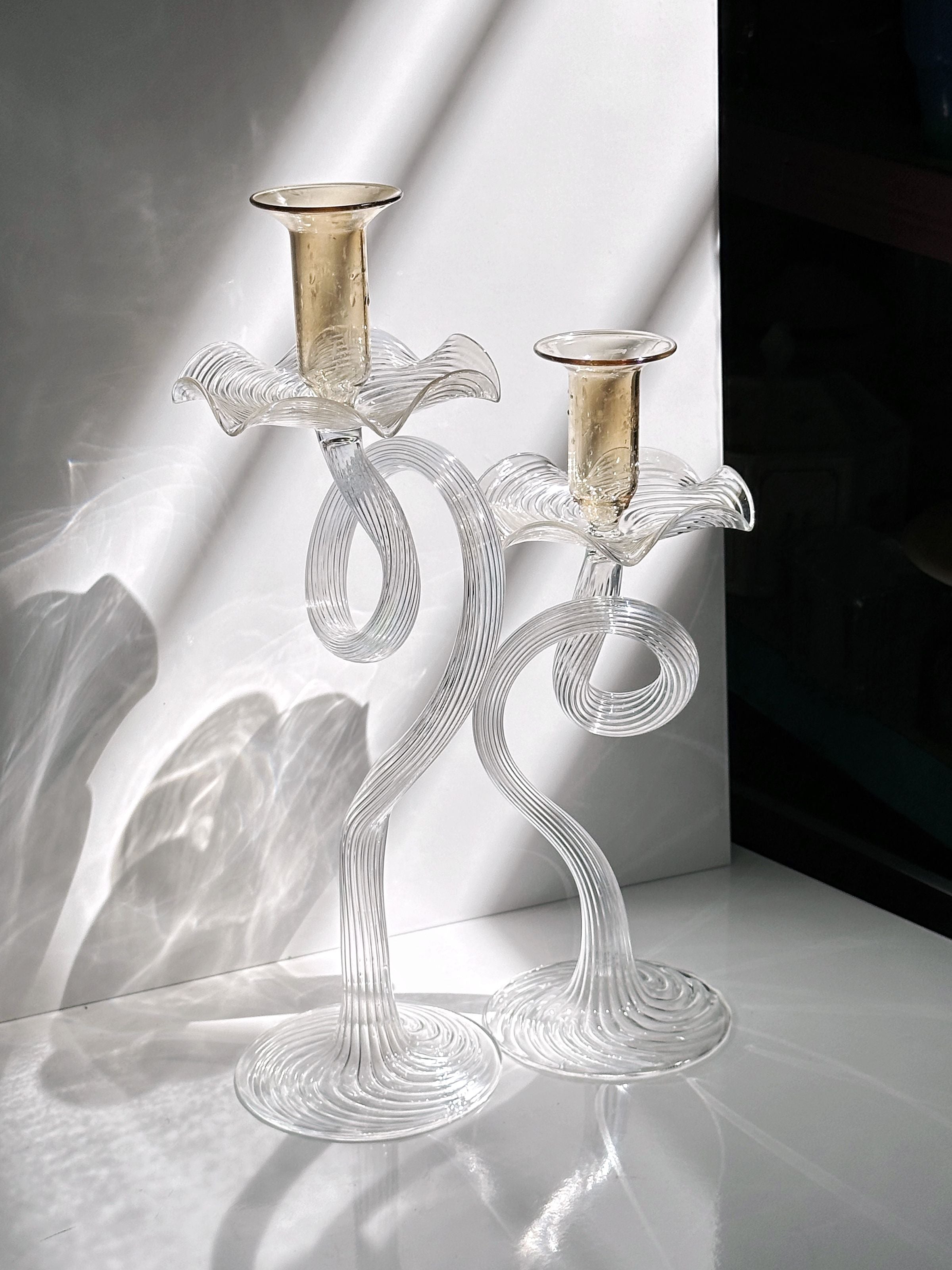 2 Handmade Murano Glass Candleholders — top view with curved glass design