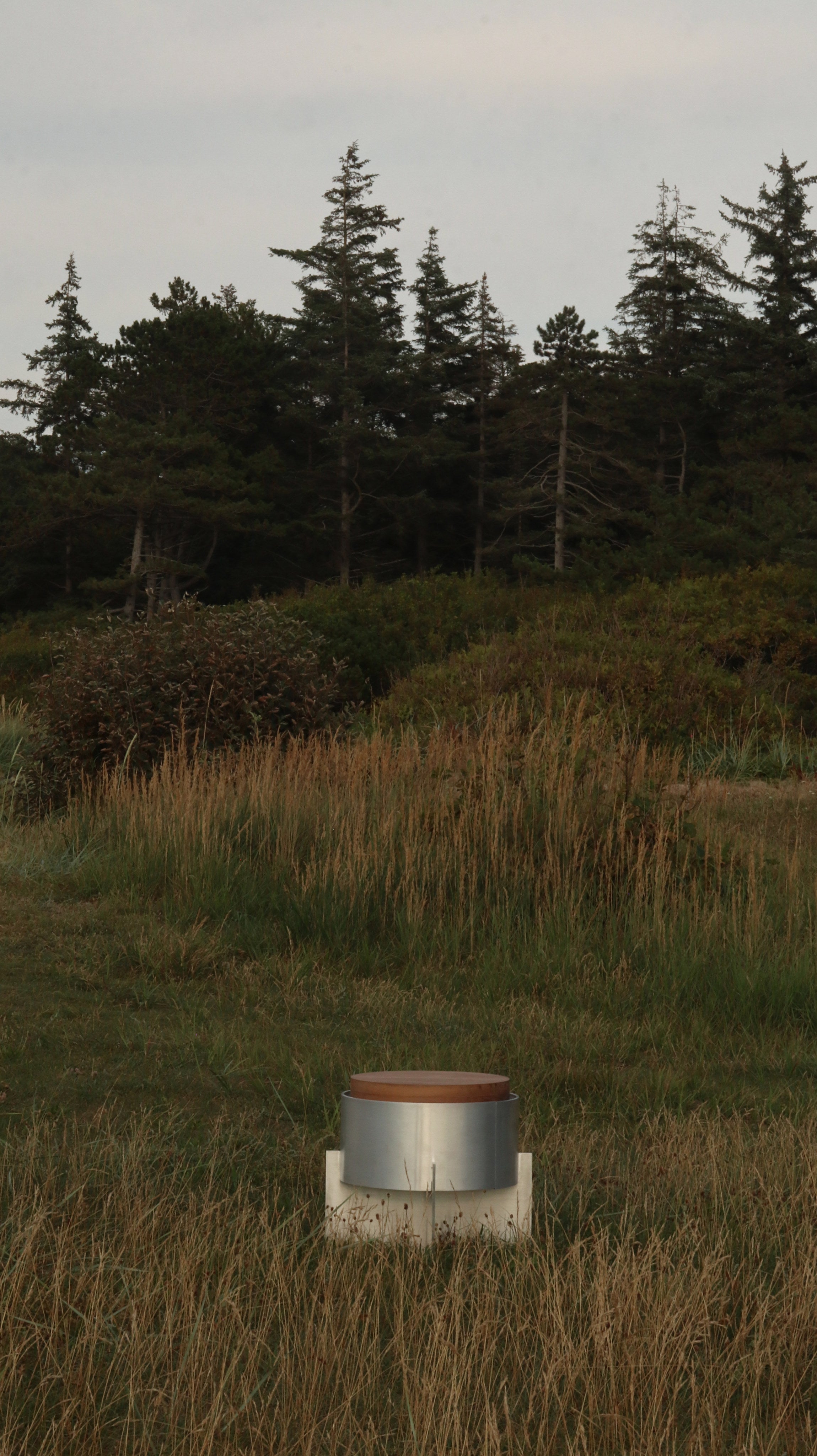 Lunar Side Table — outdoor setting with metal base and wooden top