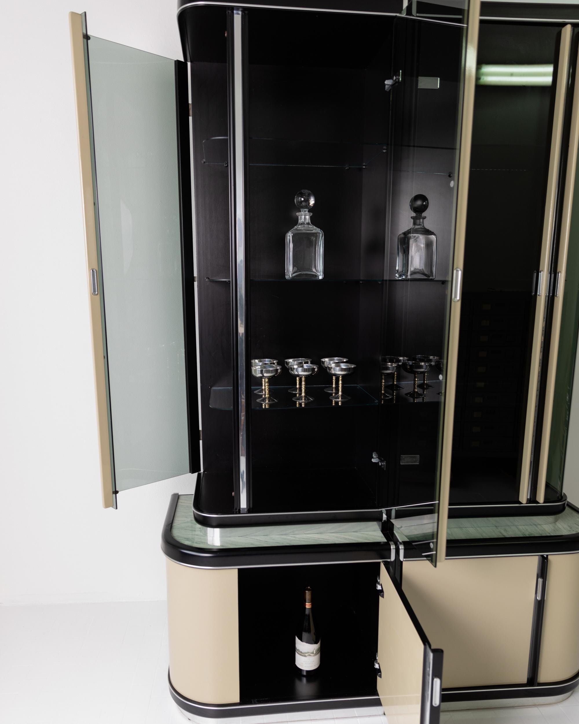 1950s Art Deco Bar Cabinet in Lacquered Wood — top view showing glass shelves and storage compartments
