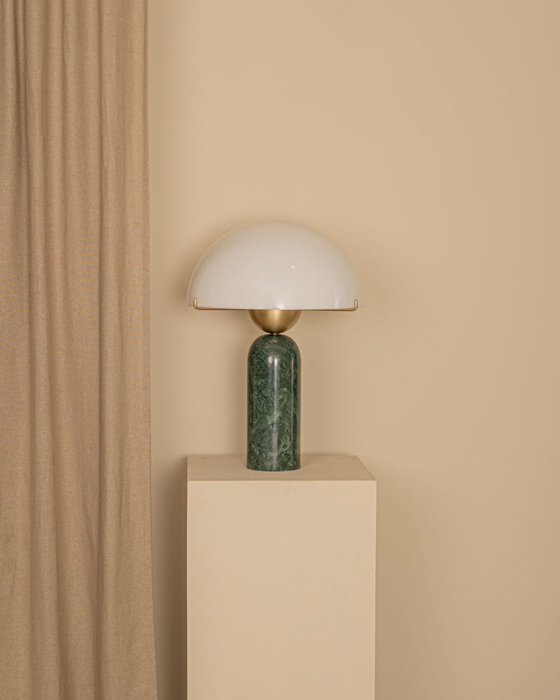 Peono green marble table lamp with white dome shade by Simone Marcel
