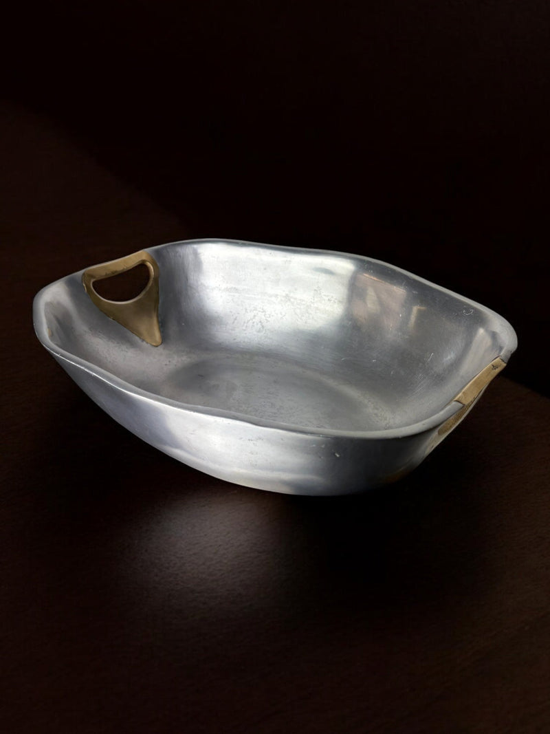 Brutalist Centerpiece by Ardisur, Spain, circa 1970's — close-up of aluminum dish with brass handles