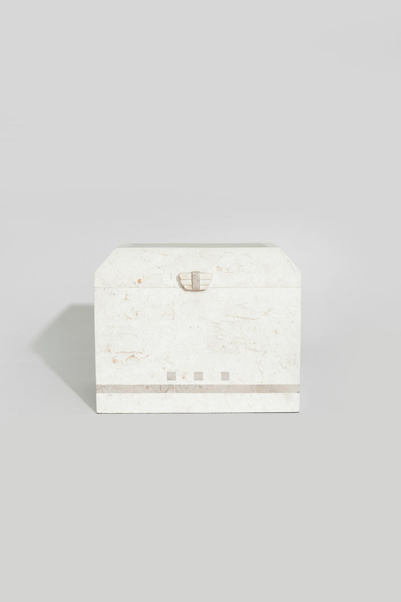 White tessellated stone jewelry box with hinged lid and metal clasp