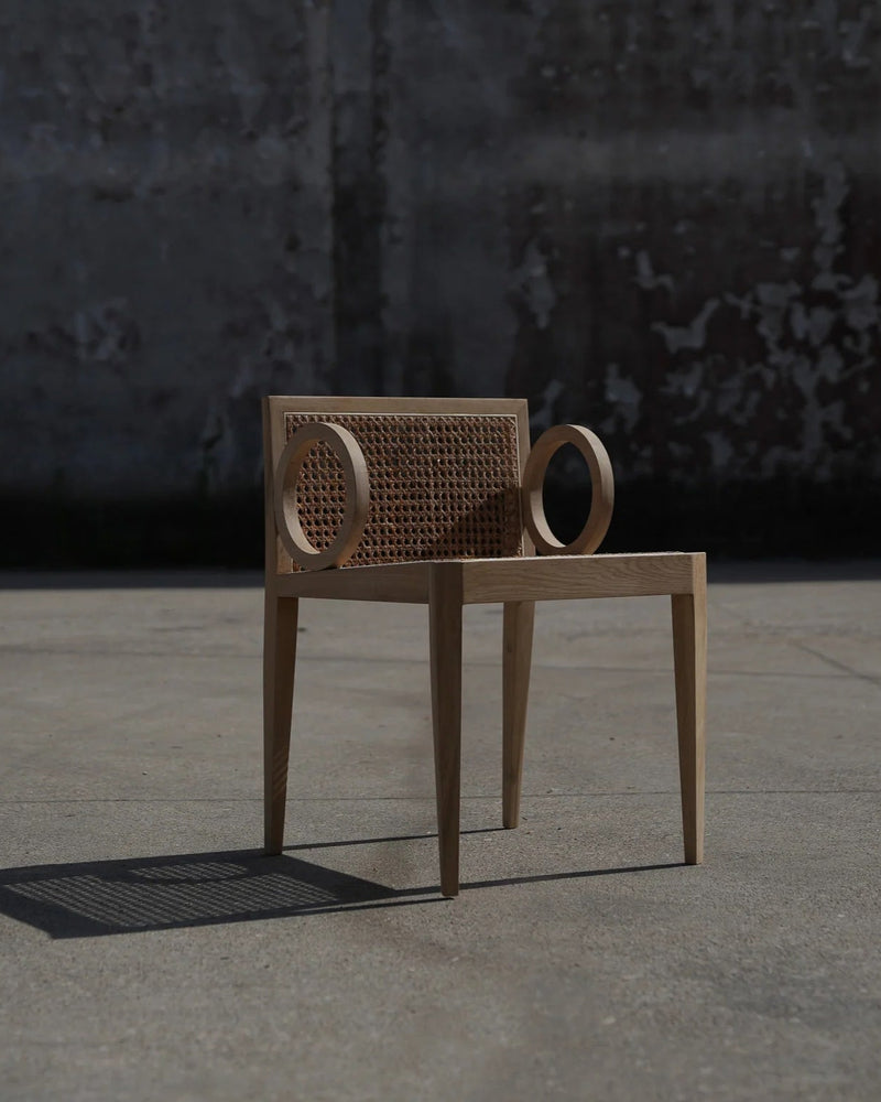 Cadeira 4 wooden chair with woven cane back and circular armrests