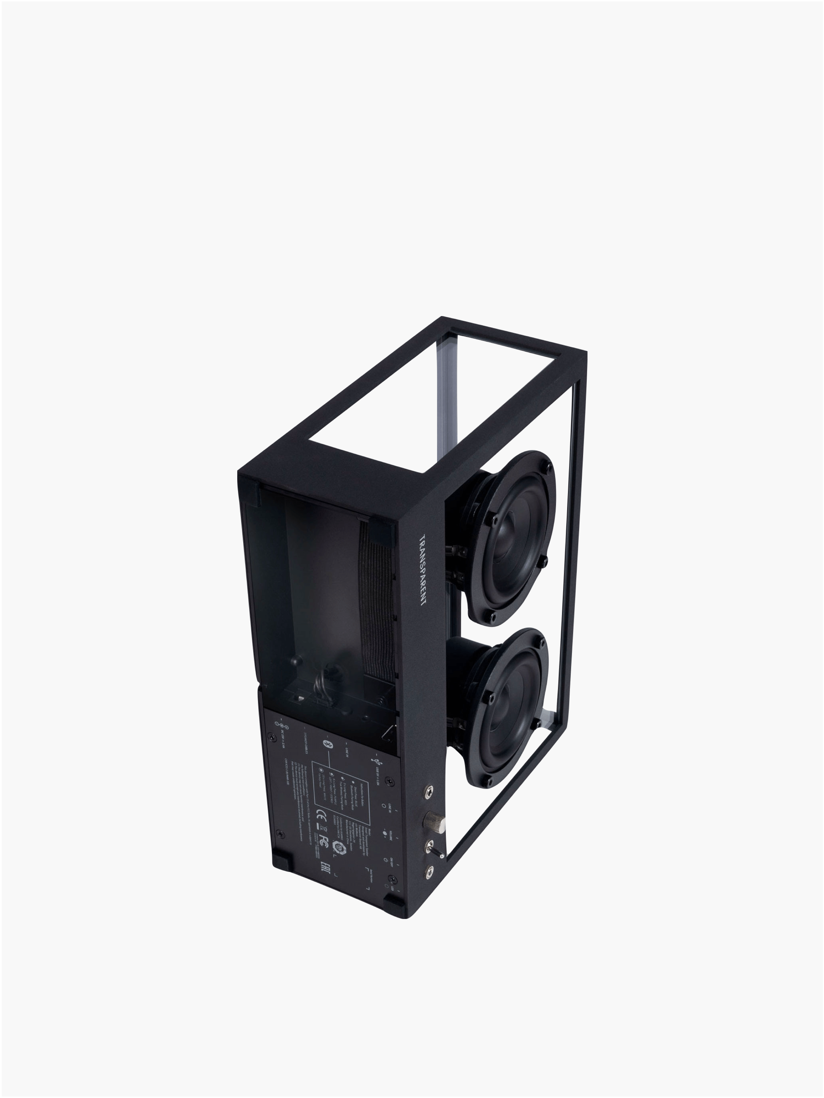 Small Transparent Speaker Black - Bluetooth — angled view showing transparent casing