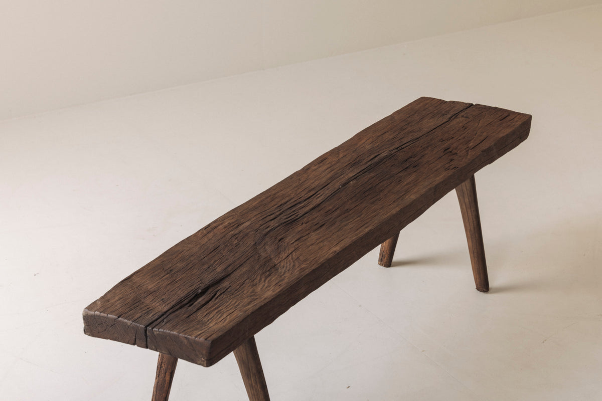 Primitive Rustic Bench in Oak, France, Early 20th Century — side angle