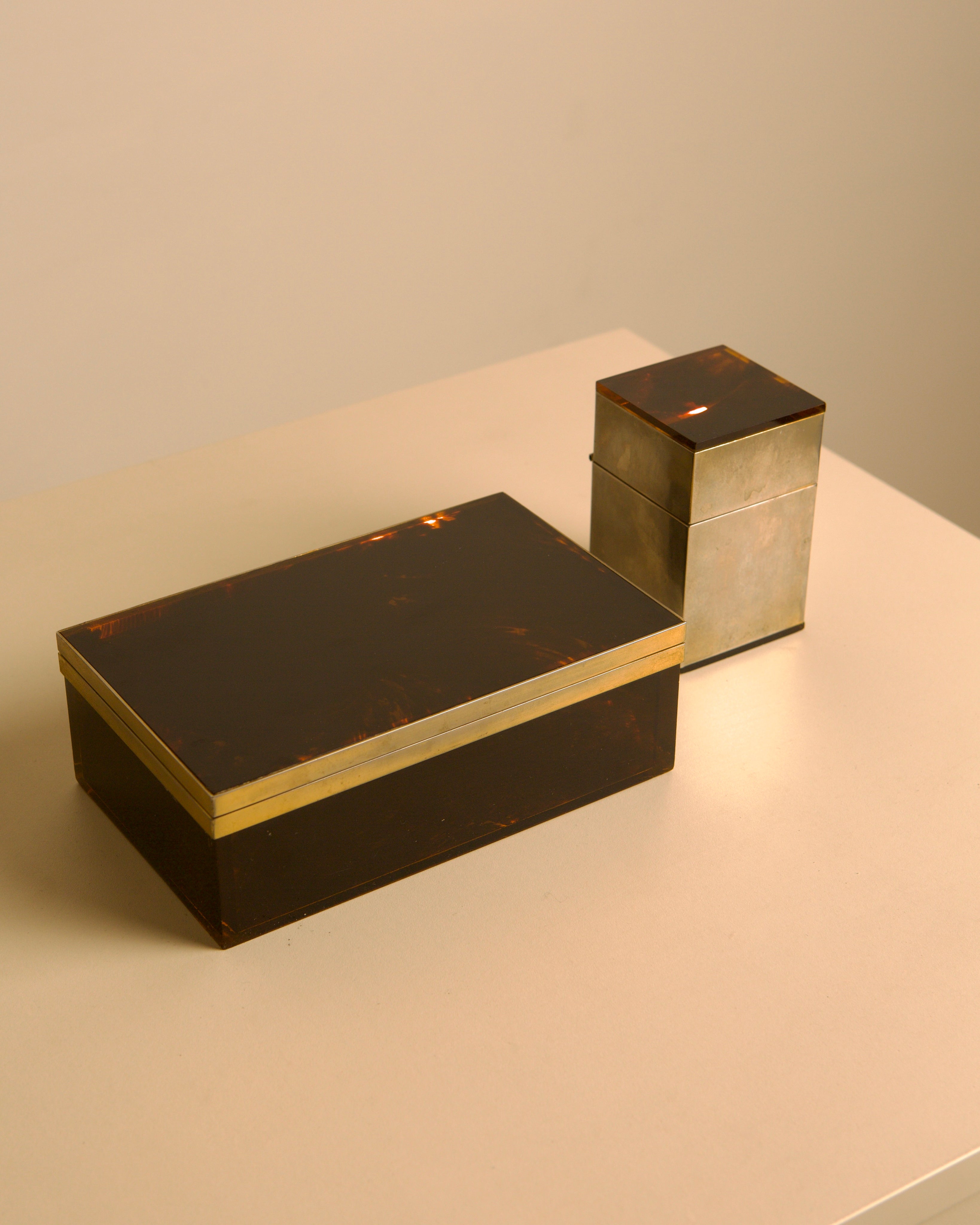 Italian Hollywood Regency box in faux tortoiseshell lacquer and brass with matching lighte — lifestyle setting