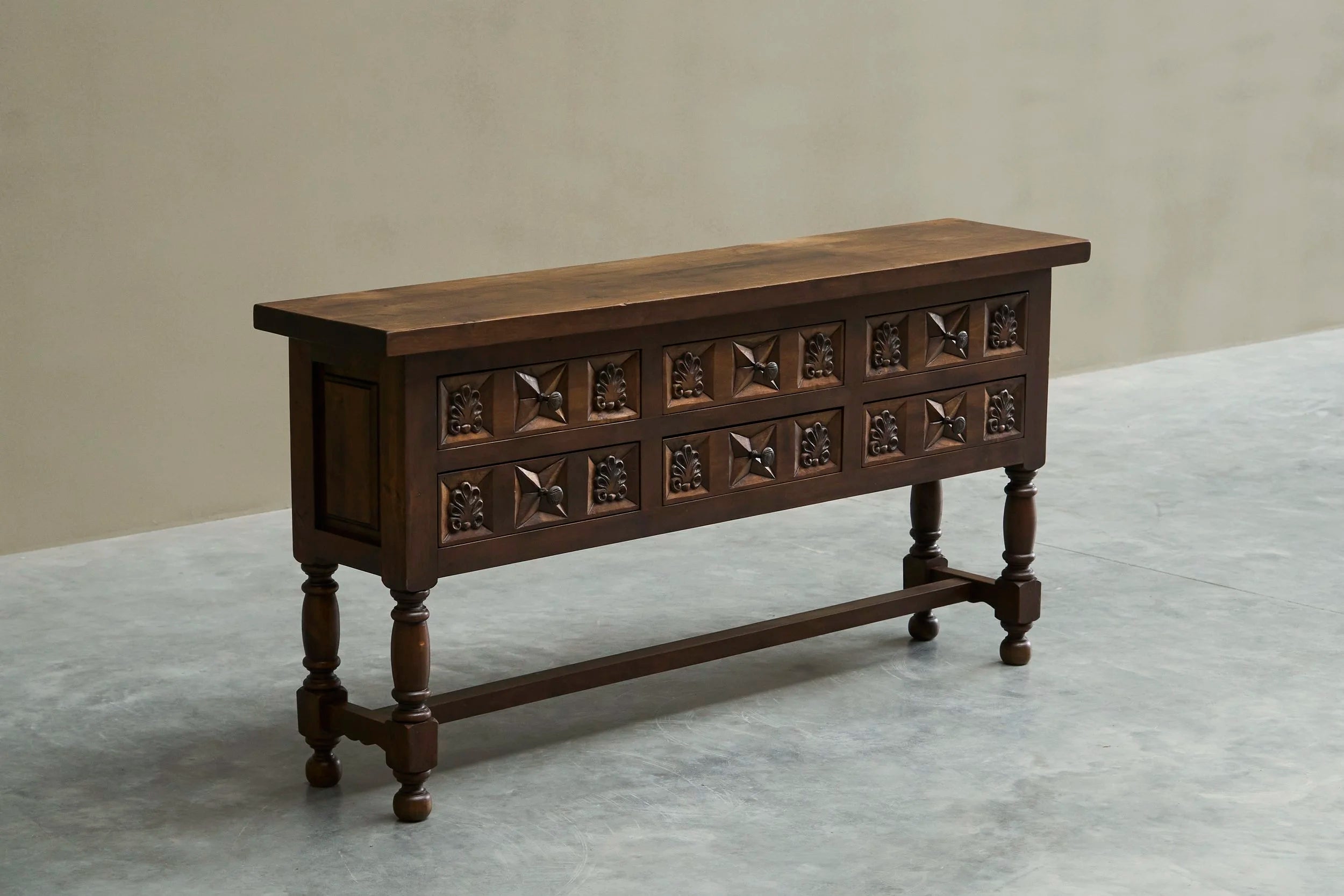 Spanish Style Sideboard in Hand-Carved Solid Walnut and Wrought Iron Early 20th Century by ORNAMENTUM