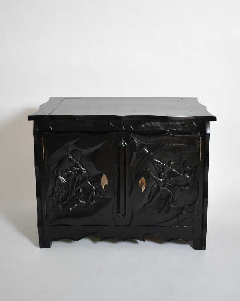 Johnny Ludécher Brutalist Cabinet, 1950s — front view highlighting carved black wood design