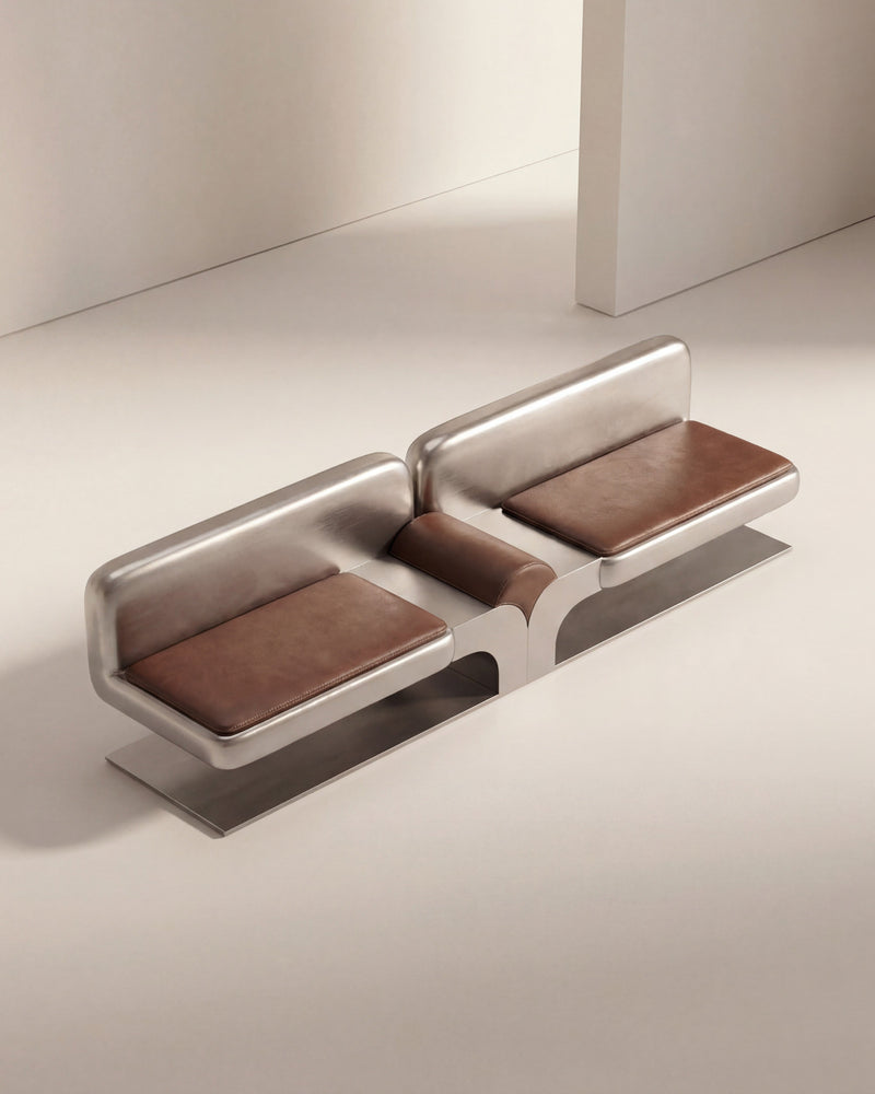 Confluence Sofa in Leather and Aluminium — side angle
