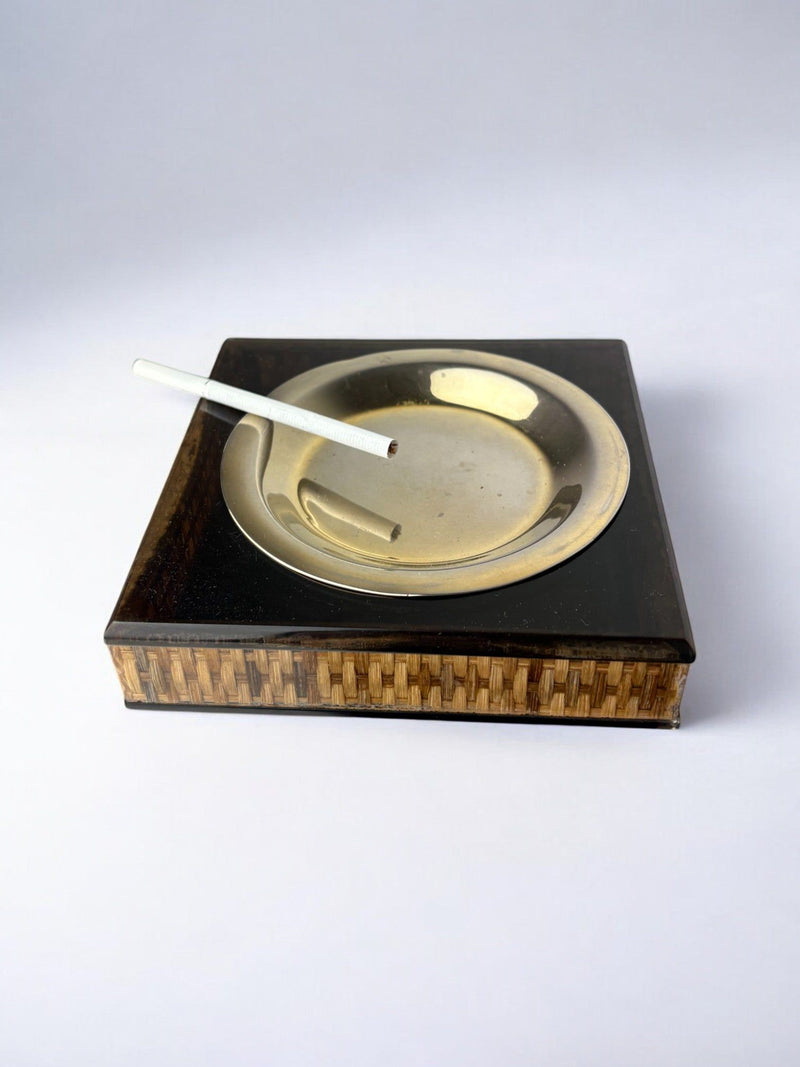 Lucite & Rattan Ashtray, 1970s — top view with cigarette and brass insert