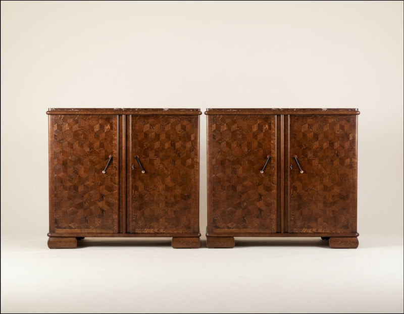 Pair of Art Deco Belgian Parquetry Cabinets with Rose Marble Tops by Maud Vaughan | The Oblist — handcrafted wood, vintage de