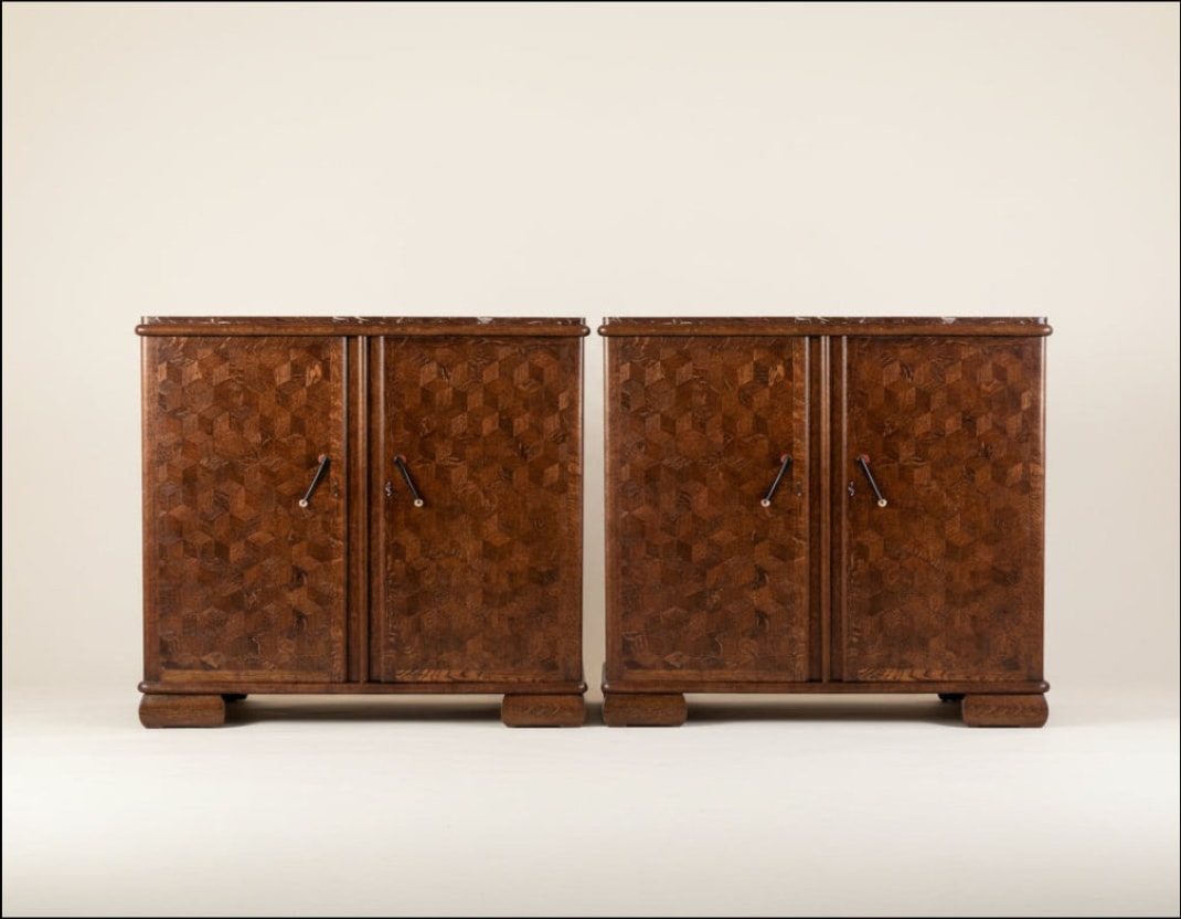 Pair of Art Deco Belgian Parquetry Cabinets with Rose Marble Tops by Maud Vaughan | The Oblist — handcrafted wood, vintage de