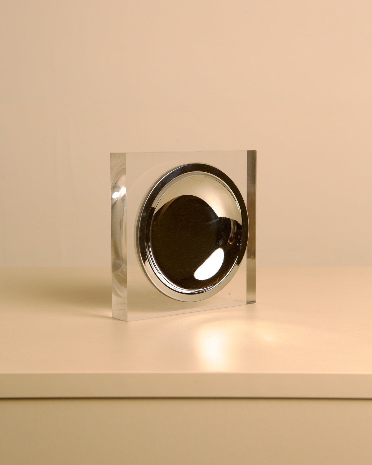 Italian square metal and plexiglass catch-all, 1970s — close-up