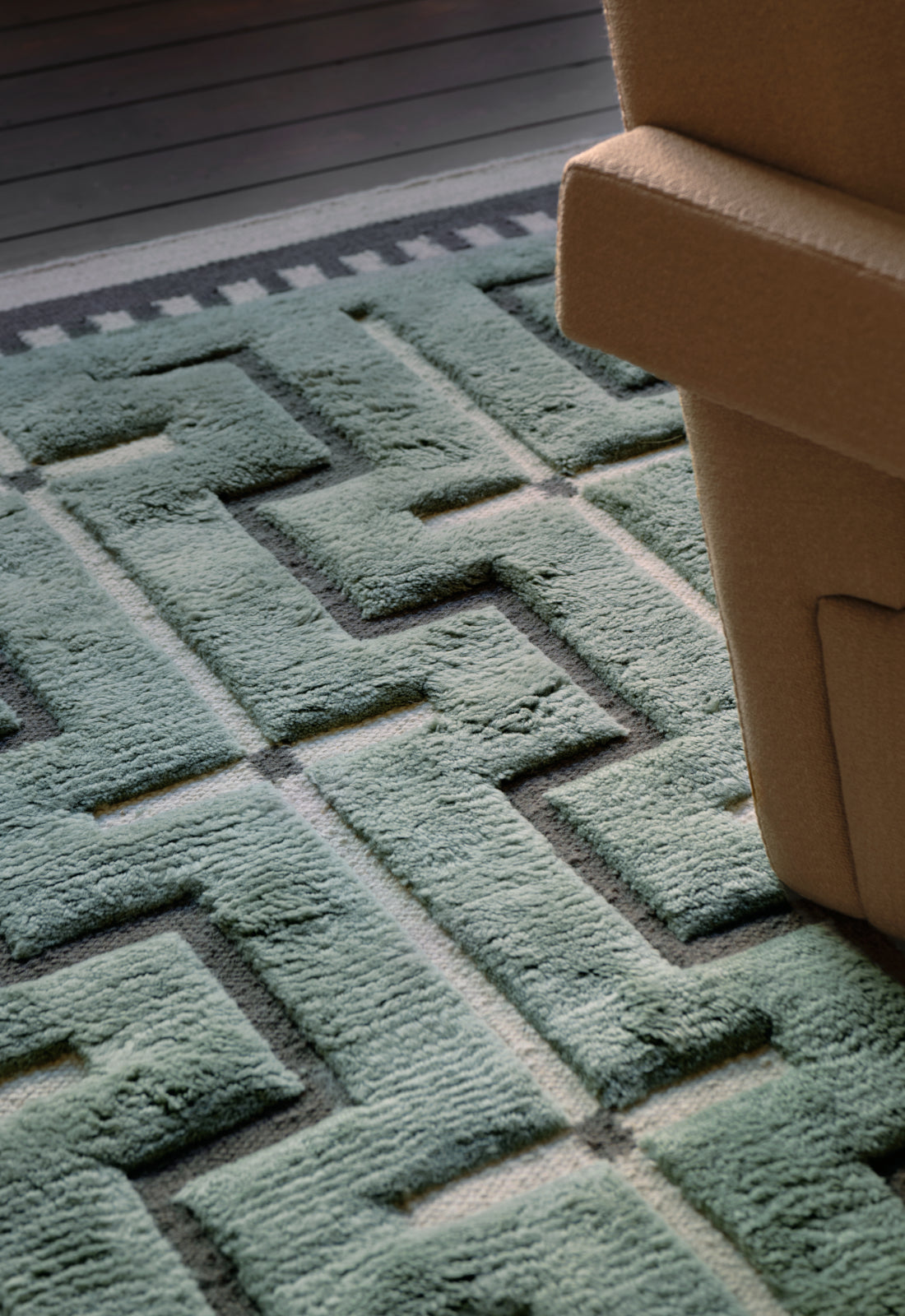 'Johanna' Handwoven Rug in New Zealand Wool, Sage — side angle
