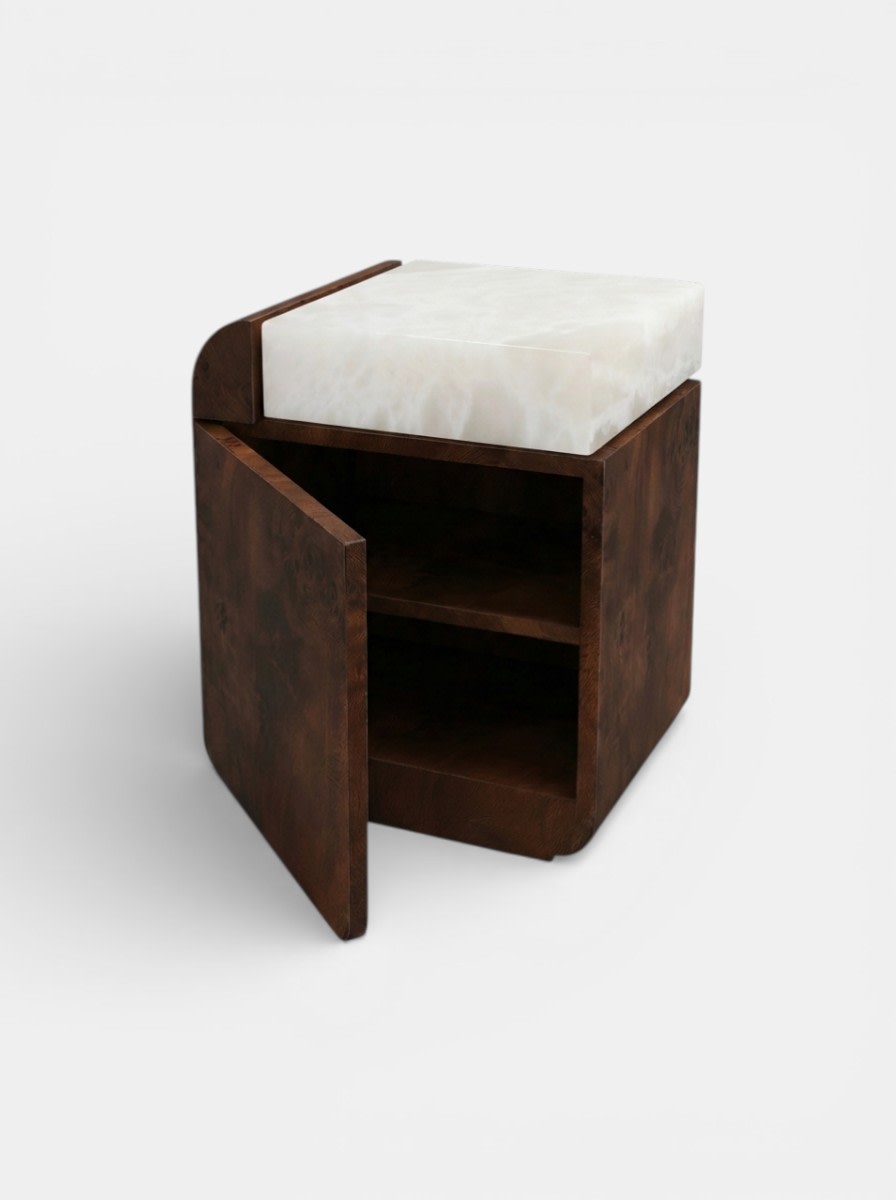 Amo' Wooden and Marble Storage Table — side angle showing open storage compartment