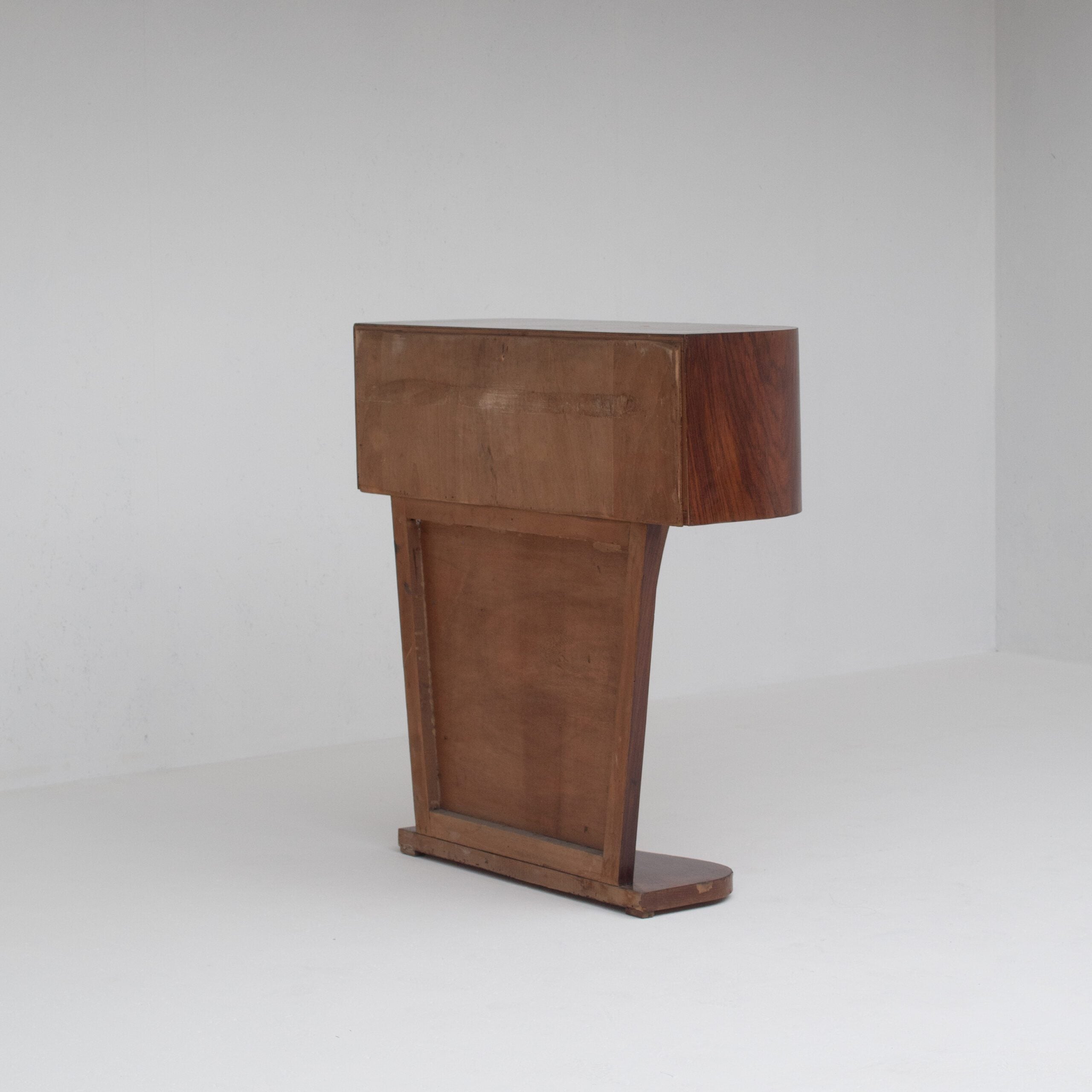 Art Deco Walnut Console with Inlay Details — back view highlighting wood grain and structure