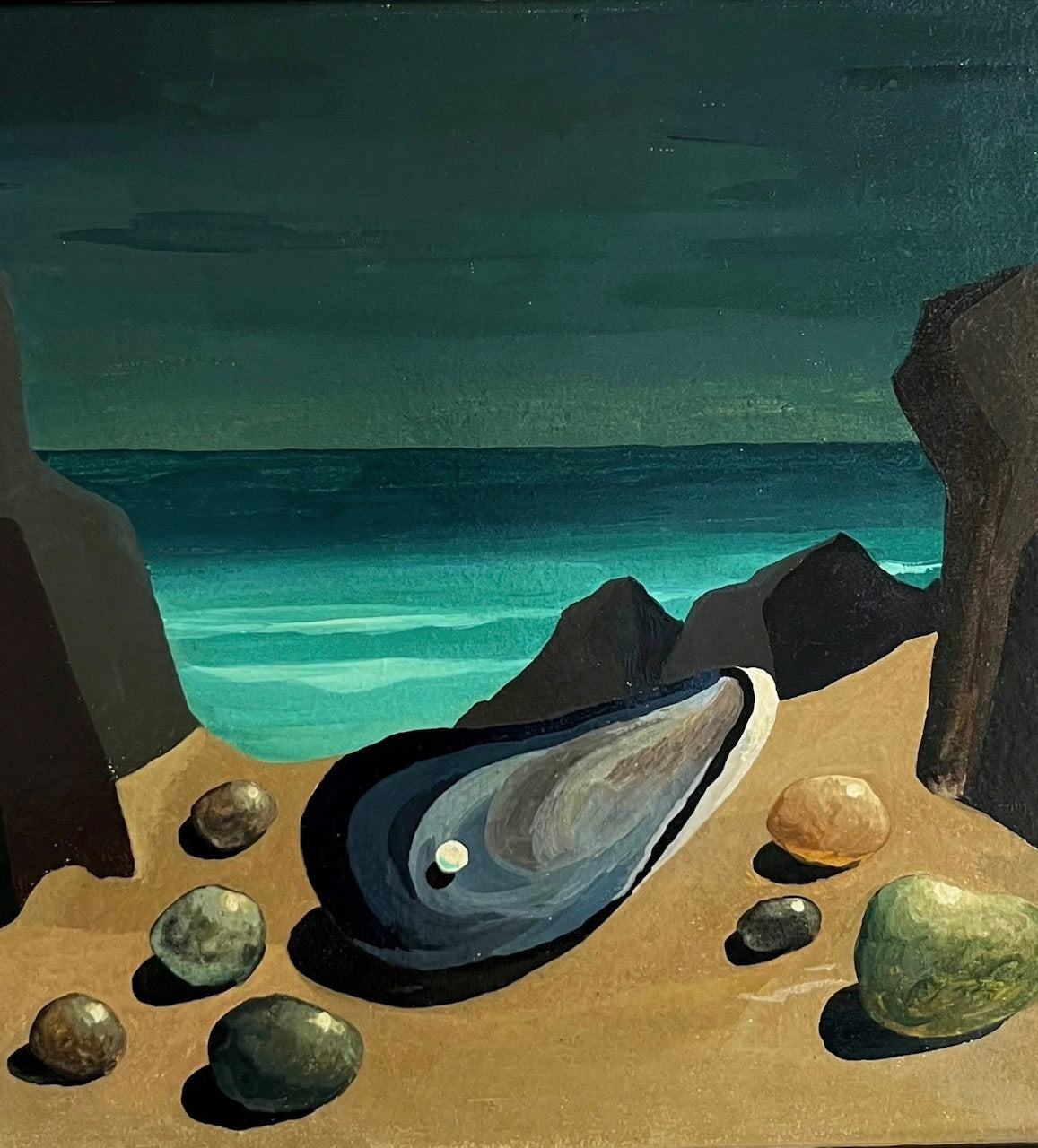 Surreal coastal painting with mussel shell and scattered pebbles