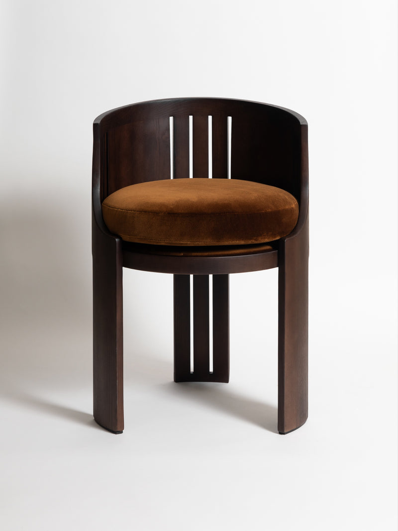 La Chaise 01 by Tassiana Laurre | The Oblist — handcrafted wood, brown velvet cushion