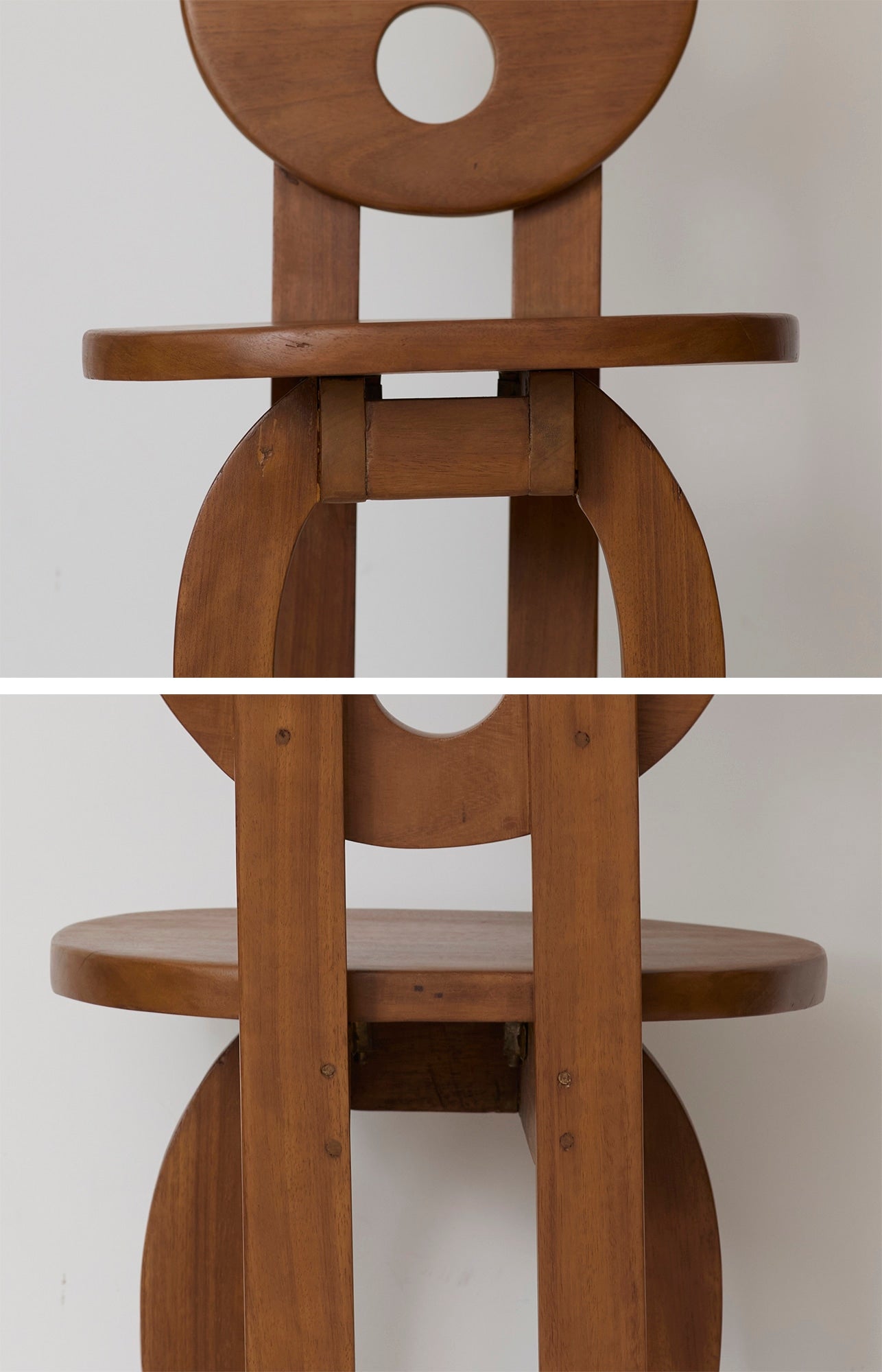 Heavy Sculptural Artisanal Chair in Solid Exotic Wood — close-up