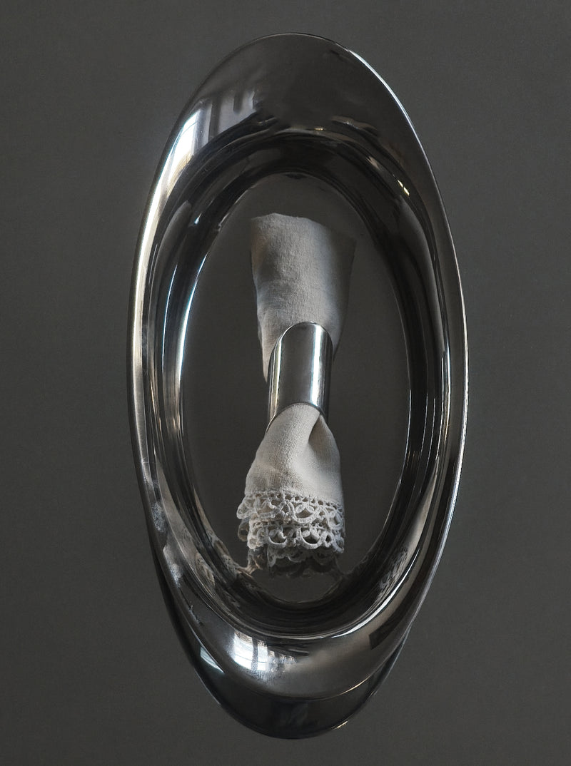 Oval Steel Dish — top view with napkin holder detail