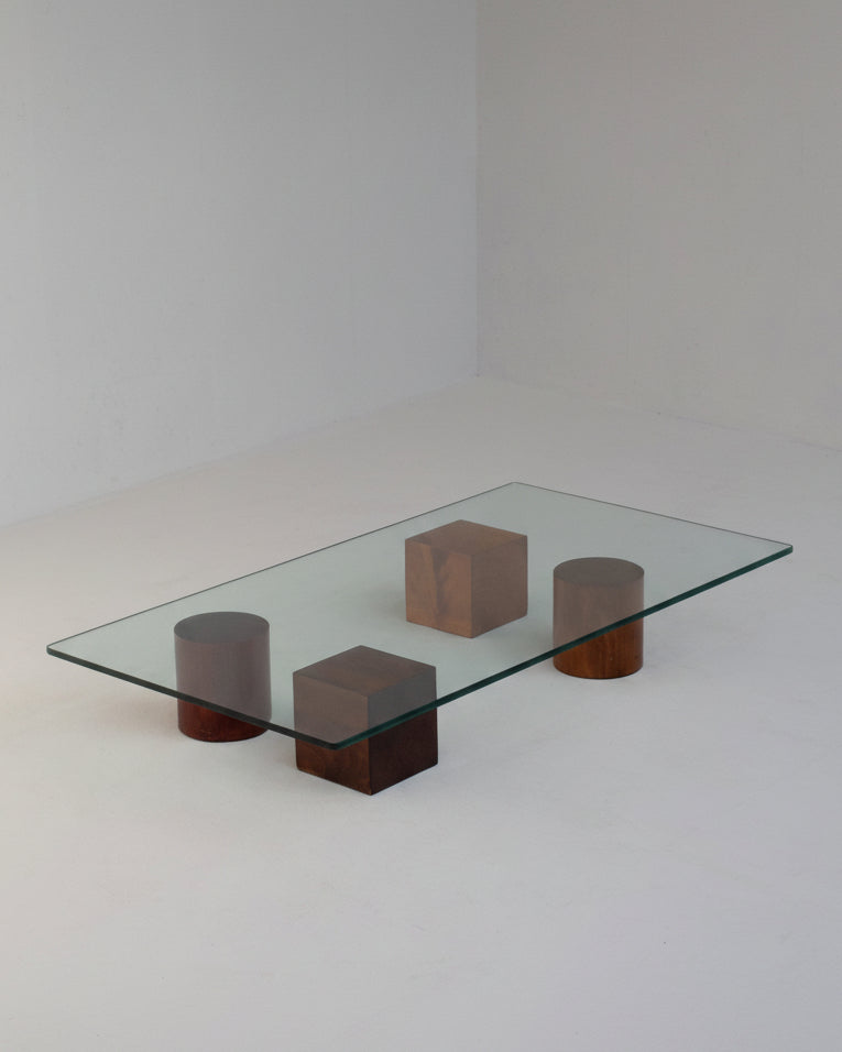 Vintage Coffee Table in Wood and Glass by Malata Antwerp | The Oblist — handcrafted wood and glass design