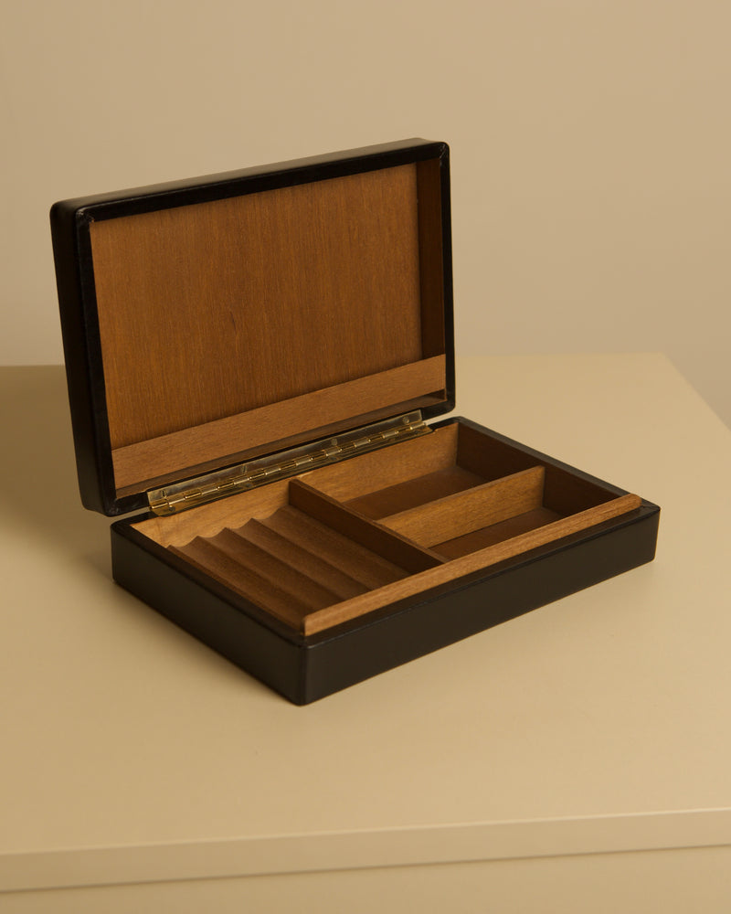 Italian Box in Black Leather, 1960s by Treaptyque | The Oblist — handcrafted black leather interior wood compartments