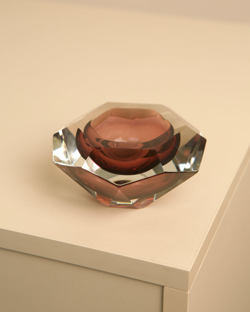 Diamond-shaped Murano glass ashtray in amber tones by Flavio Poli