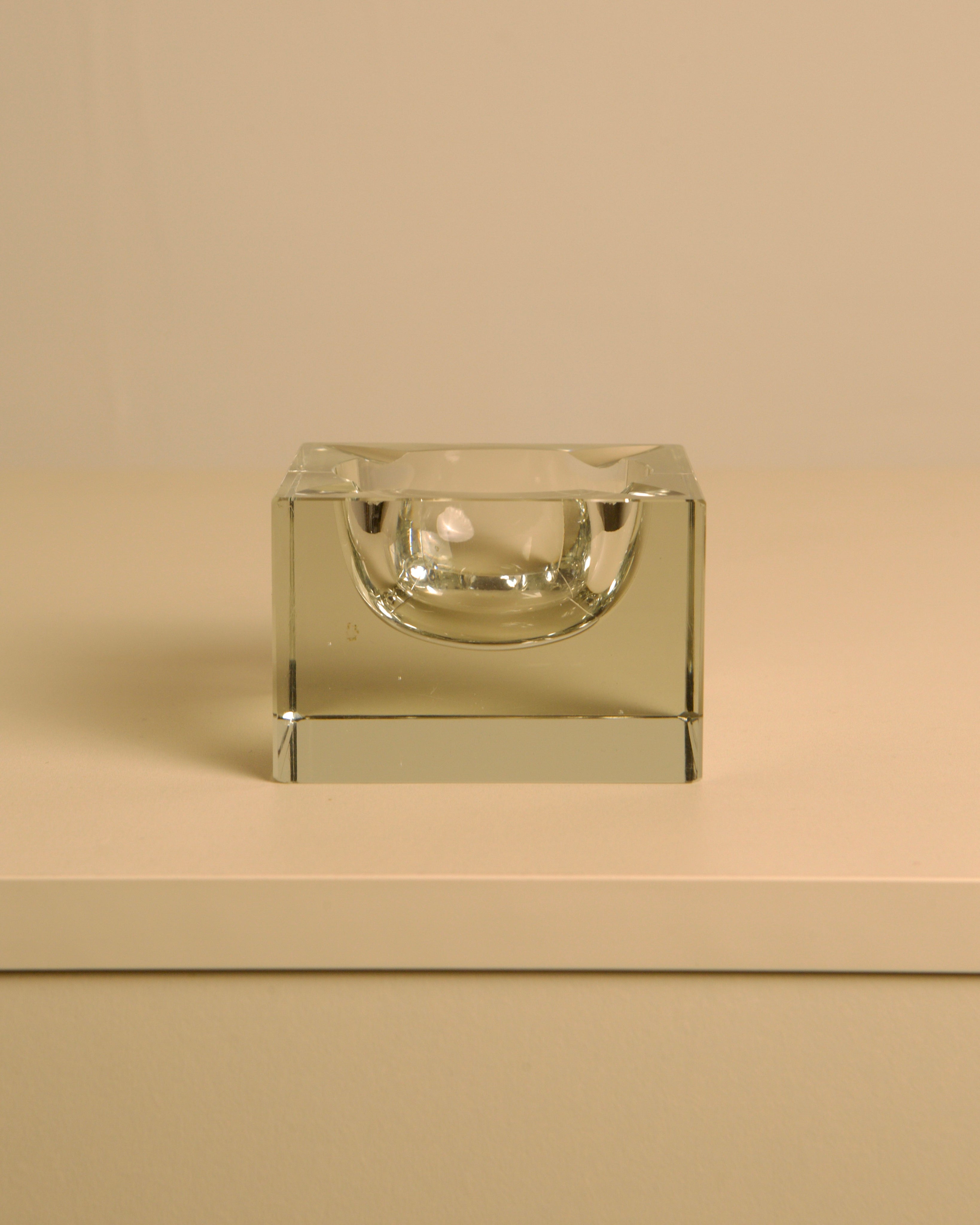 Square Italian Crystal Ashtray, 1960s — side angle on neutral surface