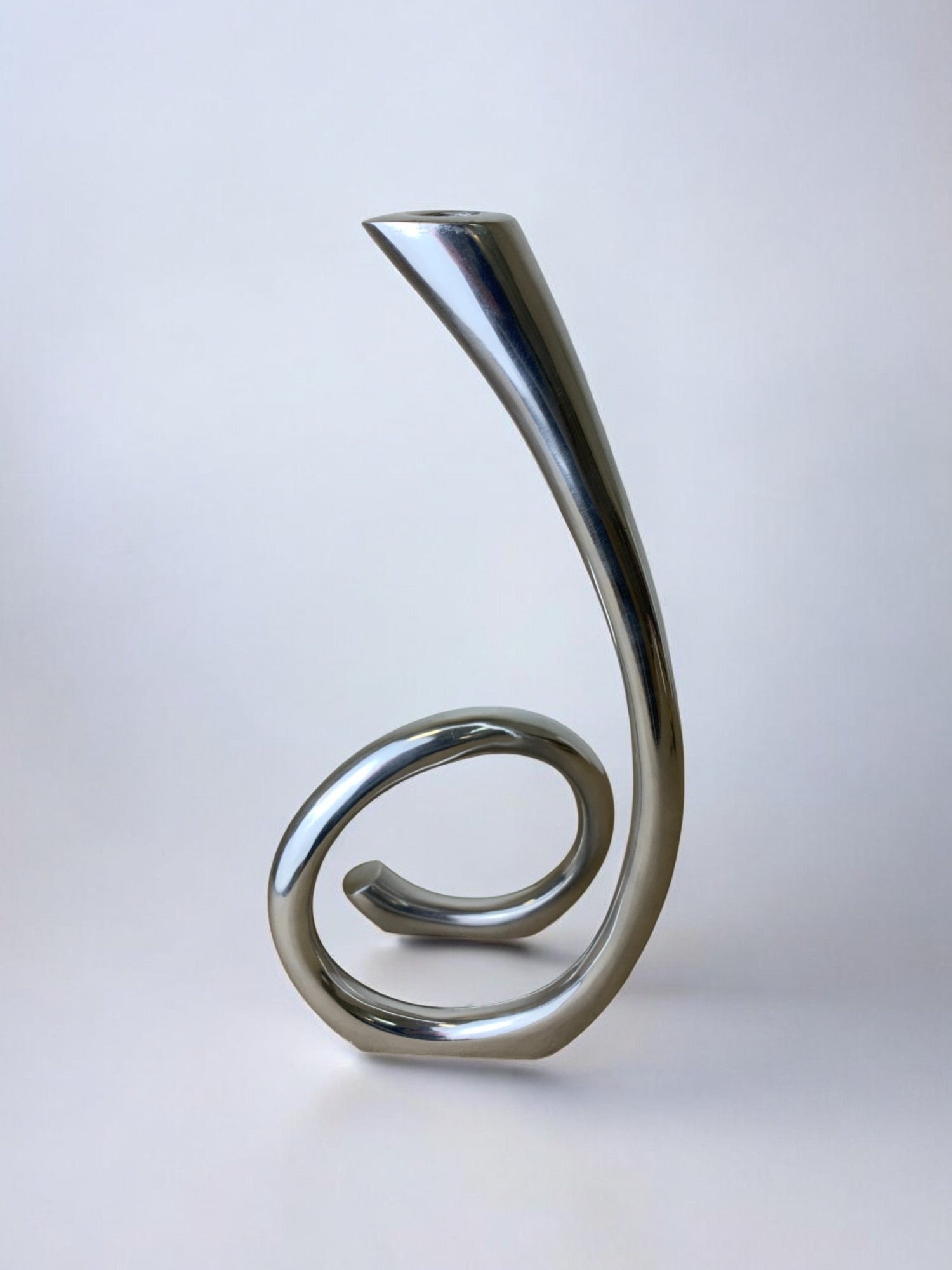 Biomorphic Candleholder, Solid Aluminum, Spain, circa 1970's — side angle highlighting smooth metallic curves