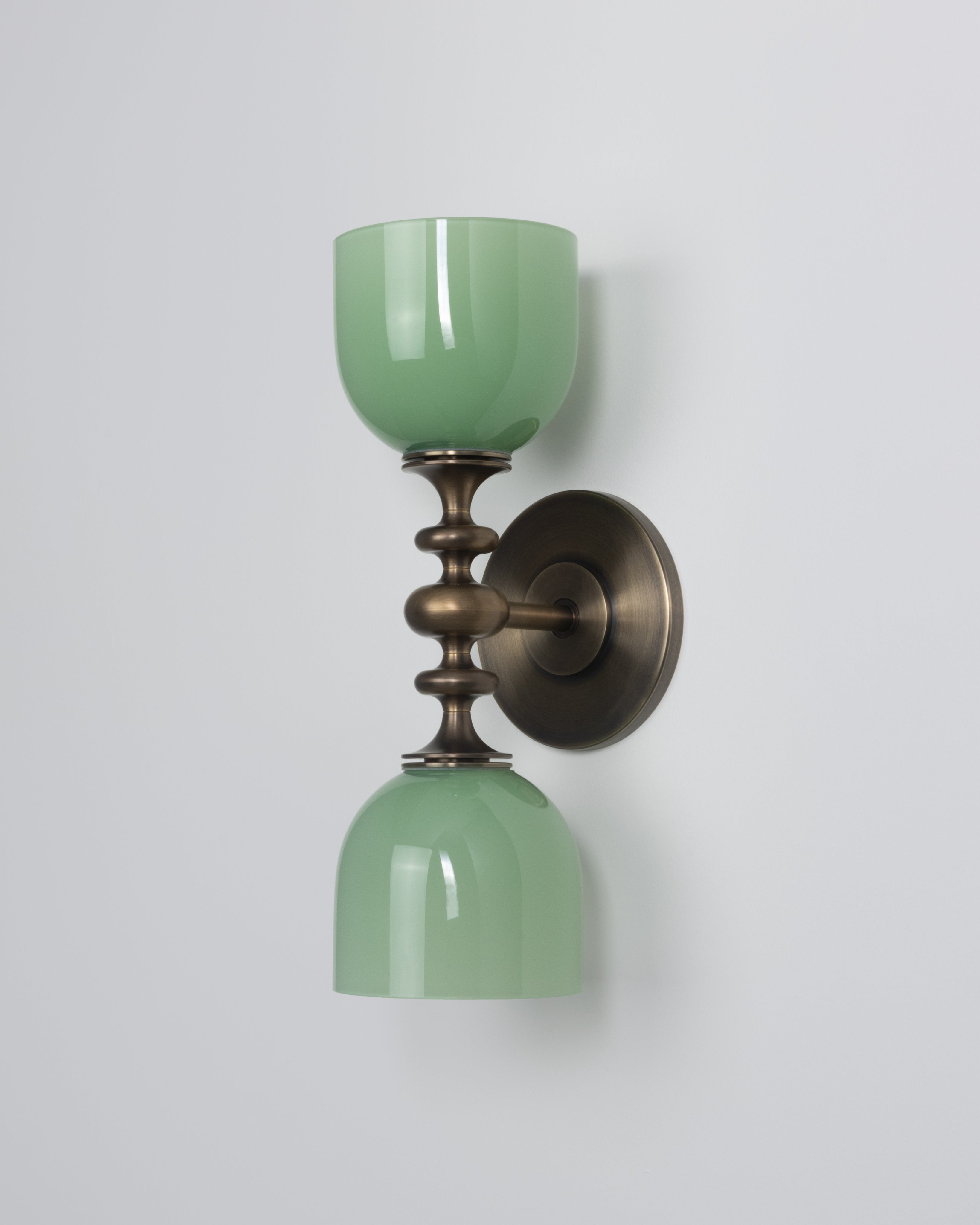 SkLO + AvroKO Marchesa Sconce - White glass, Antique Brass finish — close-up