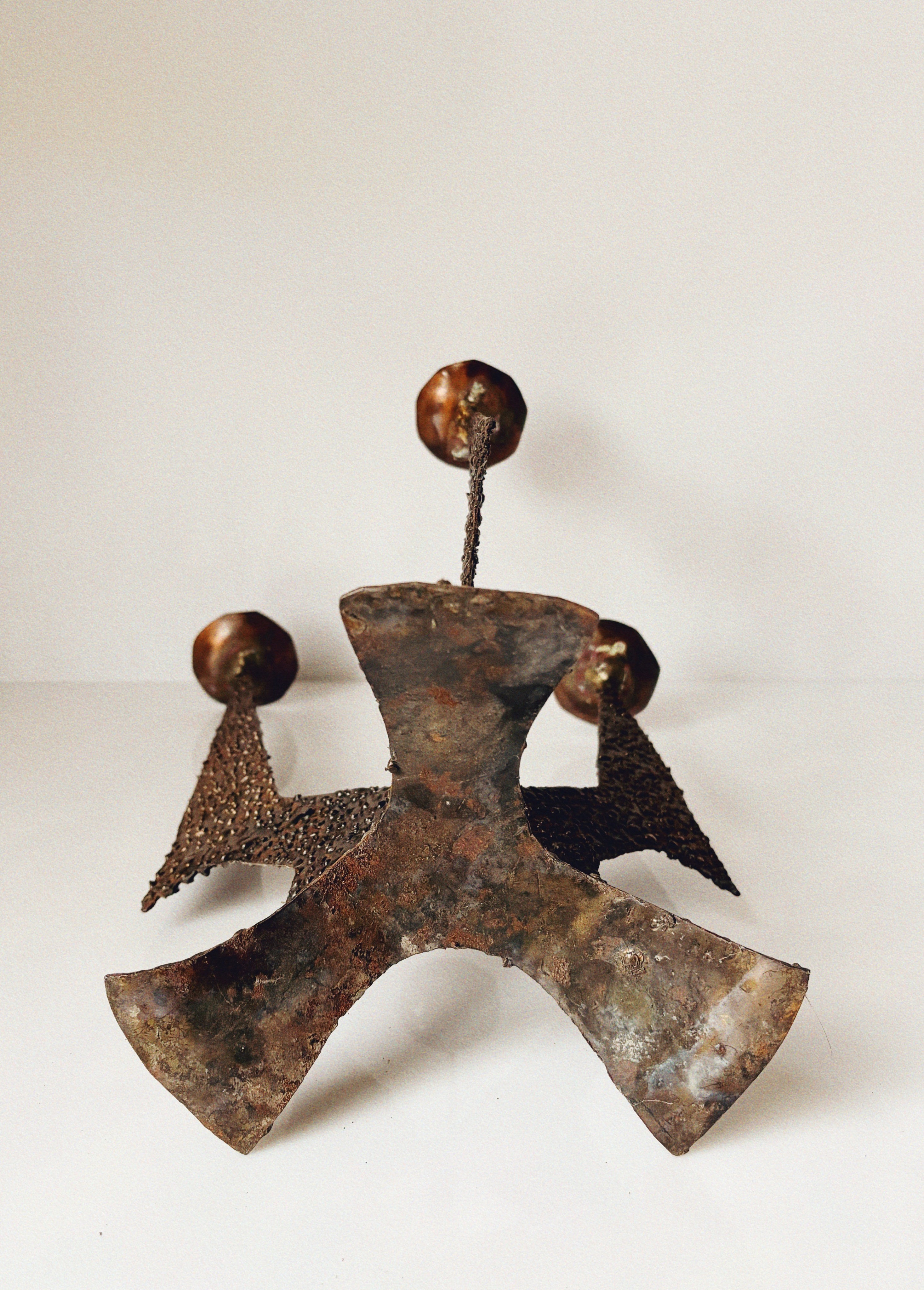 Large Brutalist Molten Metal Geometric Metal Candlestick, Poland Mid Century — alternate view