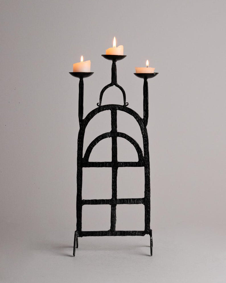 Vintage Brutalist Wrought Iron Candlestick Gothic Arch Grid Candle Holder by Studio Ecubed | The Oblist
