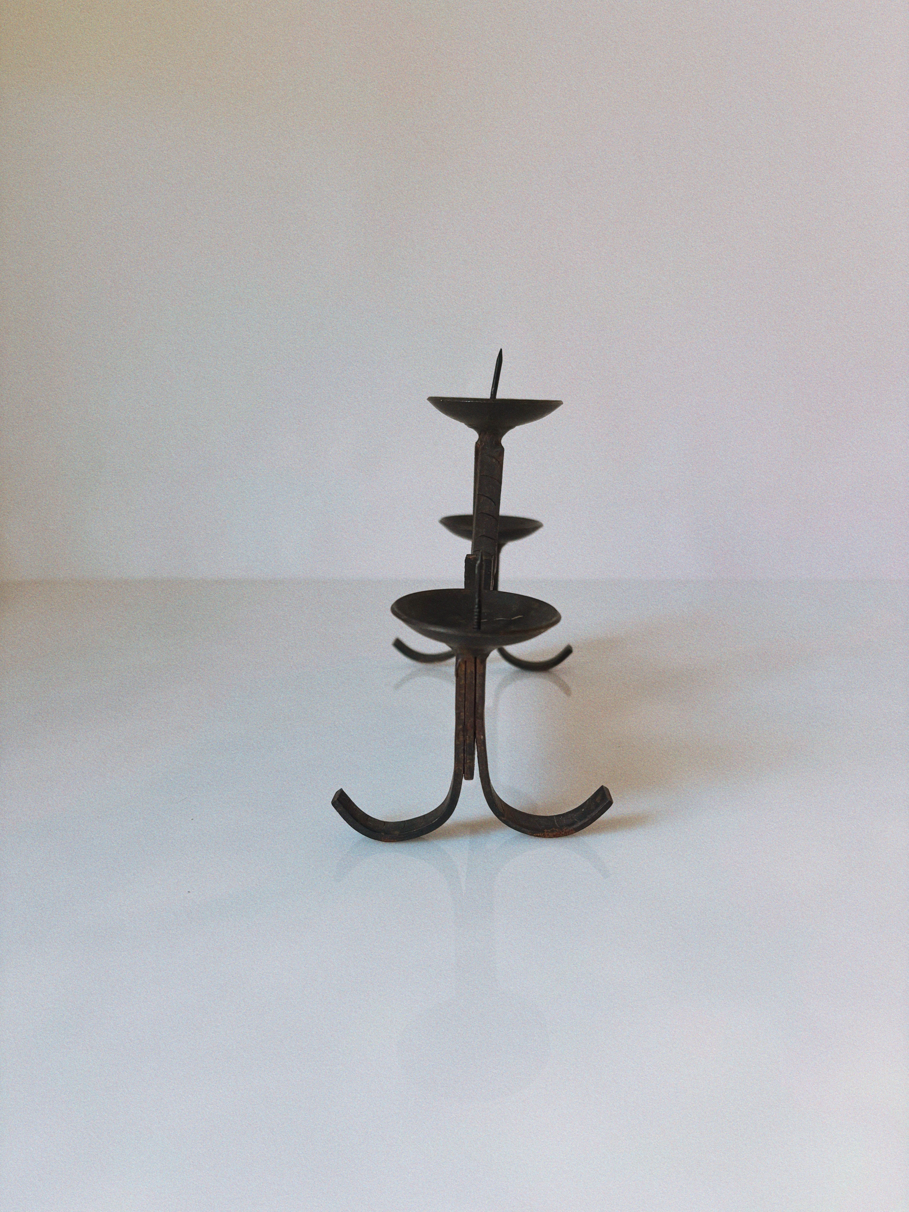 Geometric Hand Forged Metal Candlestick, Mid Century Poland — side angle