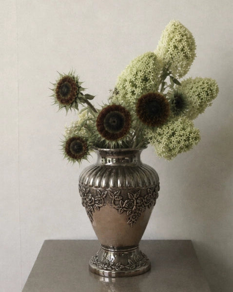 1930s Dutch Vintage Silver-Plated Floral Embossed Vase — lifestyle setting